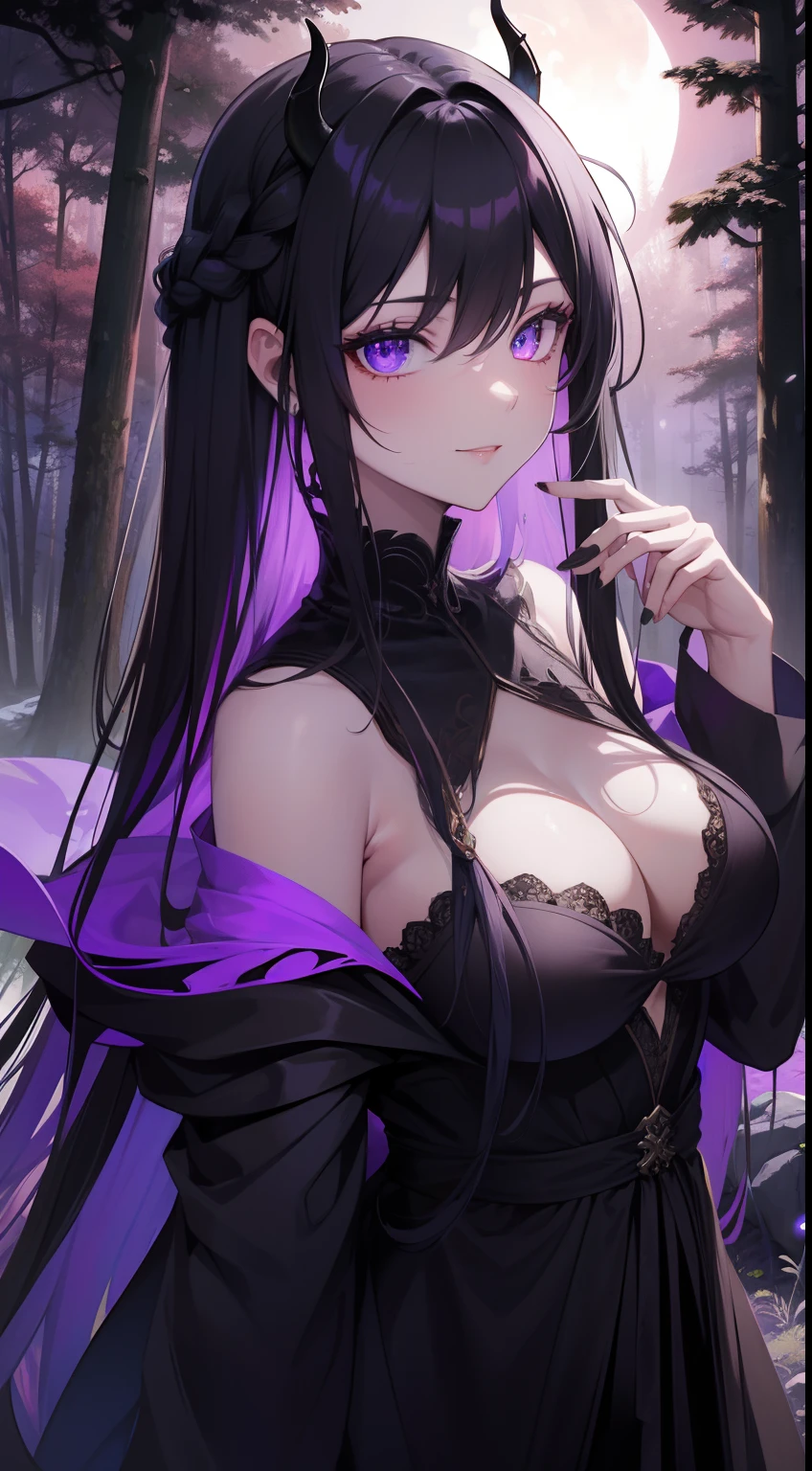 (absurdres:1.2), (highres:1.2), best quality, masterpiece, (line art:0.3), solo, 1girl, Succubus, flowing ebony hair, intricate braided hairstyle, mesmerizing violet eyes, captivating gaze, enigmatic smile, adorned in elegant dark robes, striking pose, upper body composition, ethereal moonlit forest, surrounded by ancient trees, mystical ambiance.