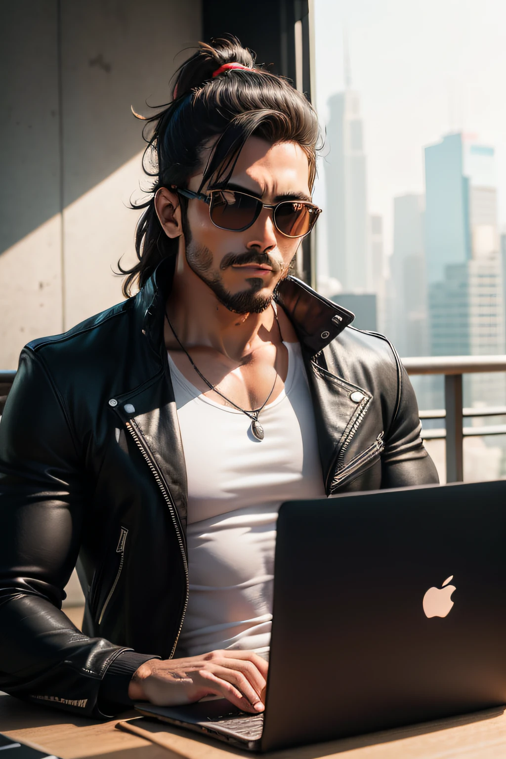 Digital Nomad, empreendedorismo, macho, foto do perfil, ultrarrealista, asiatico de oculos, com laptop, de jaqueta