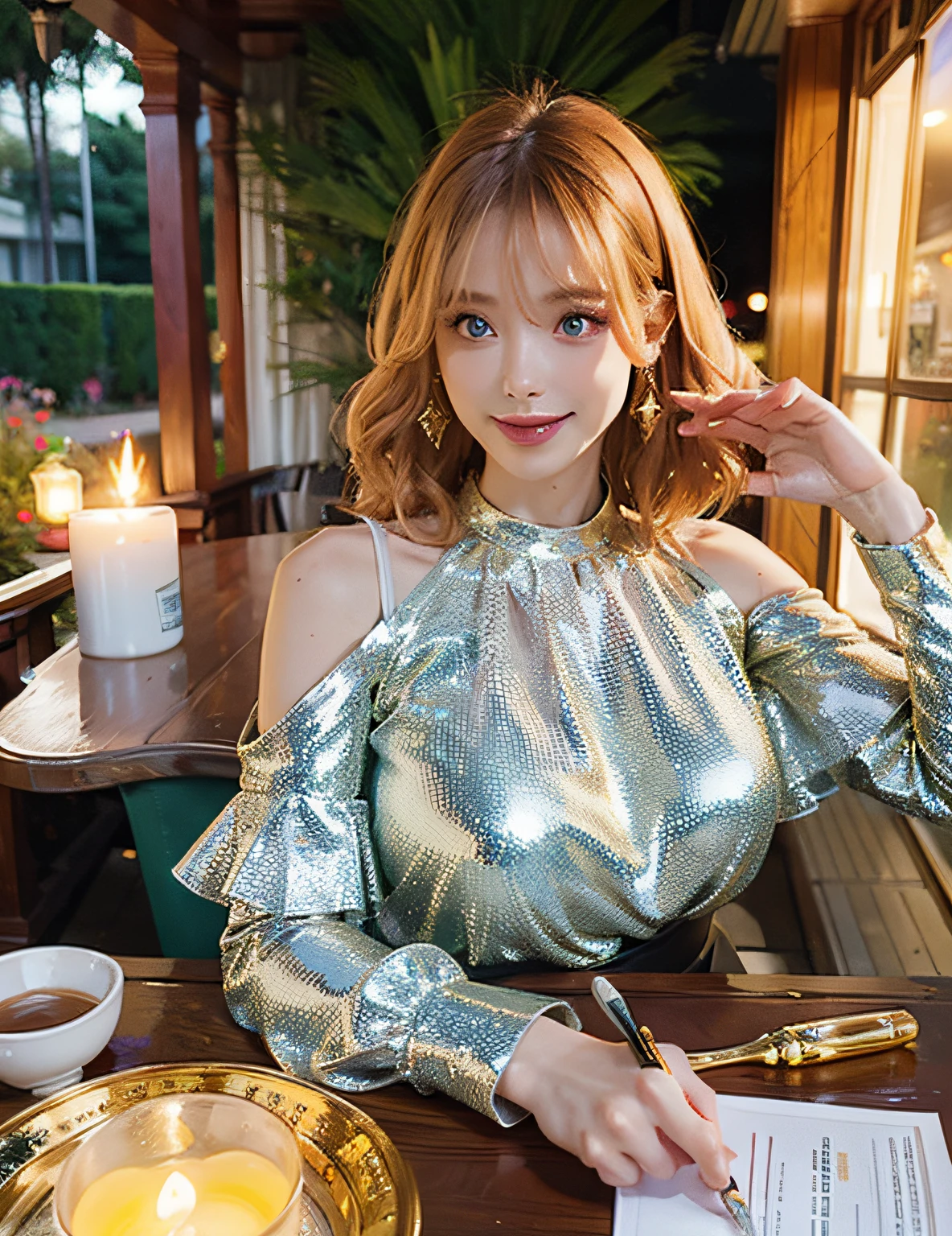 Beautiful young woman, highly detailed, outdoors, open blouse, leggins, lighting flare, depth of field, ultra quality detail, quality 8K, high resolution, sharp colors, short golden hair, glitters, asteroids, glitter on hair, cover photo, 
planet clash, flames, curvy body, cover photo