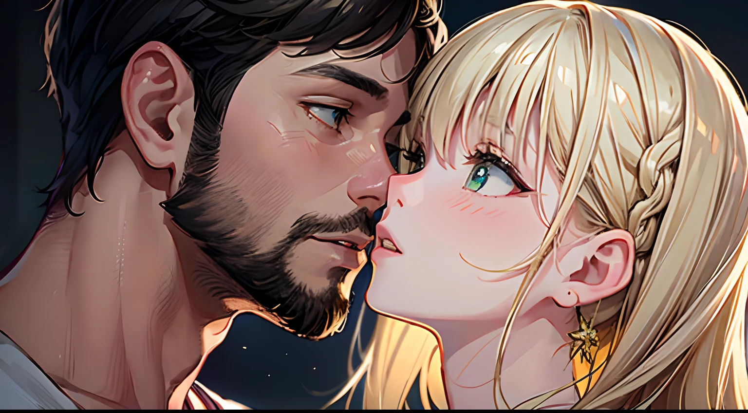 Young couple kissing, 1boy and 1girl, profile. She is blonde, shorter than him. White, green dress. He is dark, bearded, taller than her. Short black hair. Social clothing. Volume light, shadow, best quality, ultra-detailed, adorable, 8k, 4k, 2k