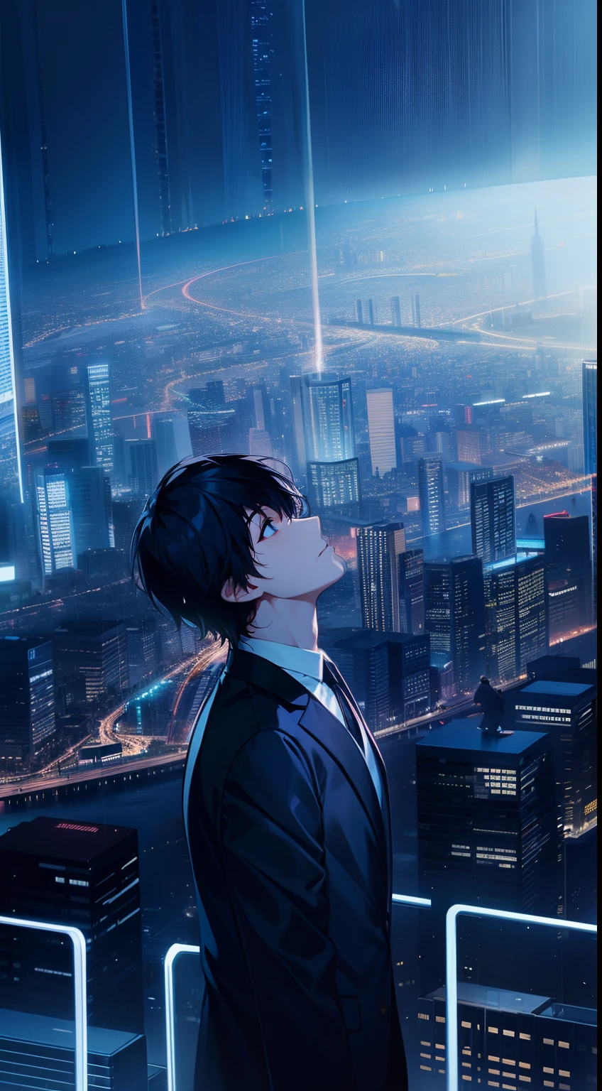 Night city lined with skyscrapers、rain is falling、One young man is looking up at the sky、Neon lights are sparkling