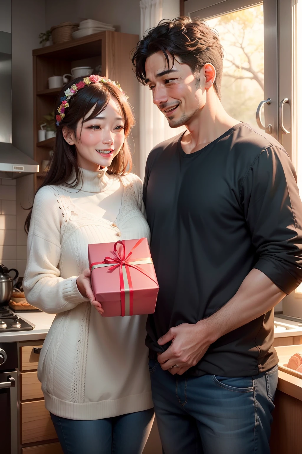 The husband gives gifts to his wife,The wife looked at her husband in surprise,The face looks very happy,The picture is warm,vibrant with colors。