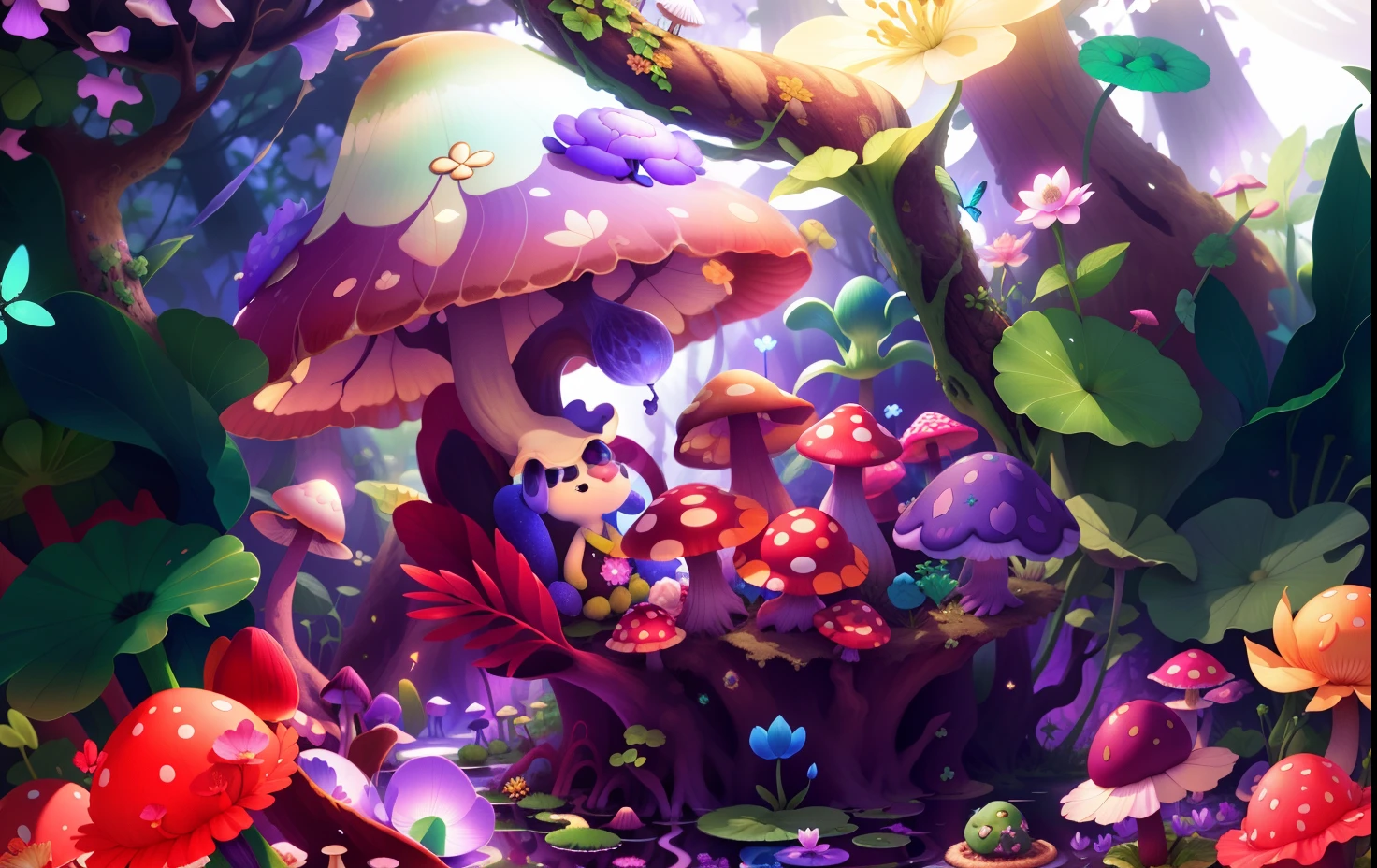 Mushroom forest with glass goblet，s fractal art，morning glory，butterflys，lotuses，four-leaf clover，frogs，snail，，Cyber Mushroom Forest，Ultra-detailed digital fantasy art。Mushrooms are everywhere in the picture，The unique mushroom shape creates a magical casa scene