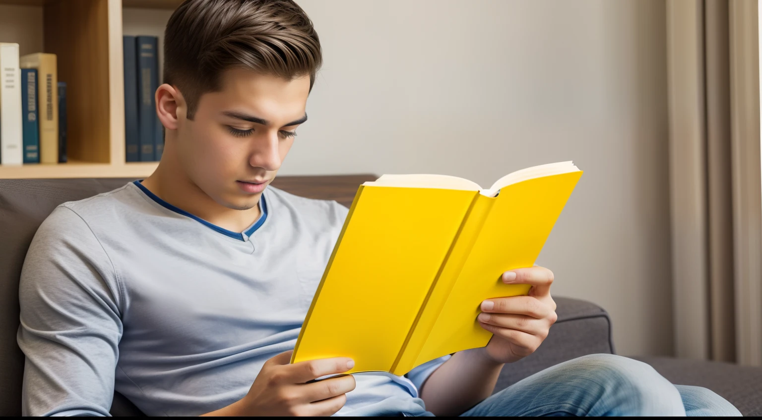 Image showing young man reading yellow diary
