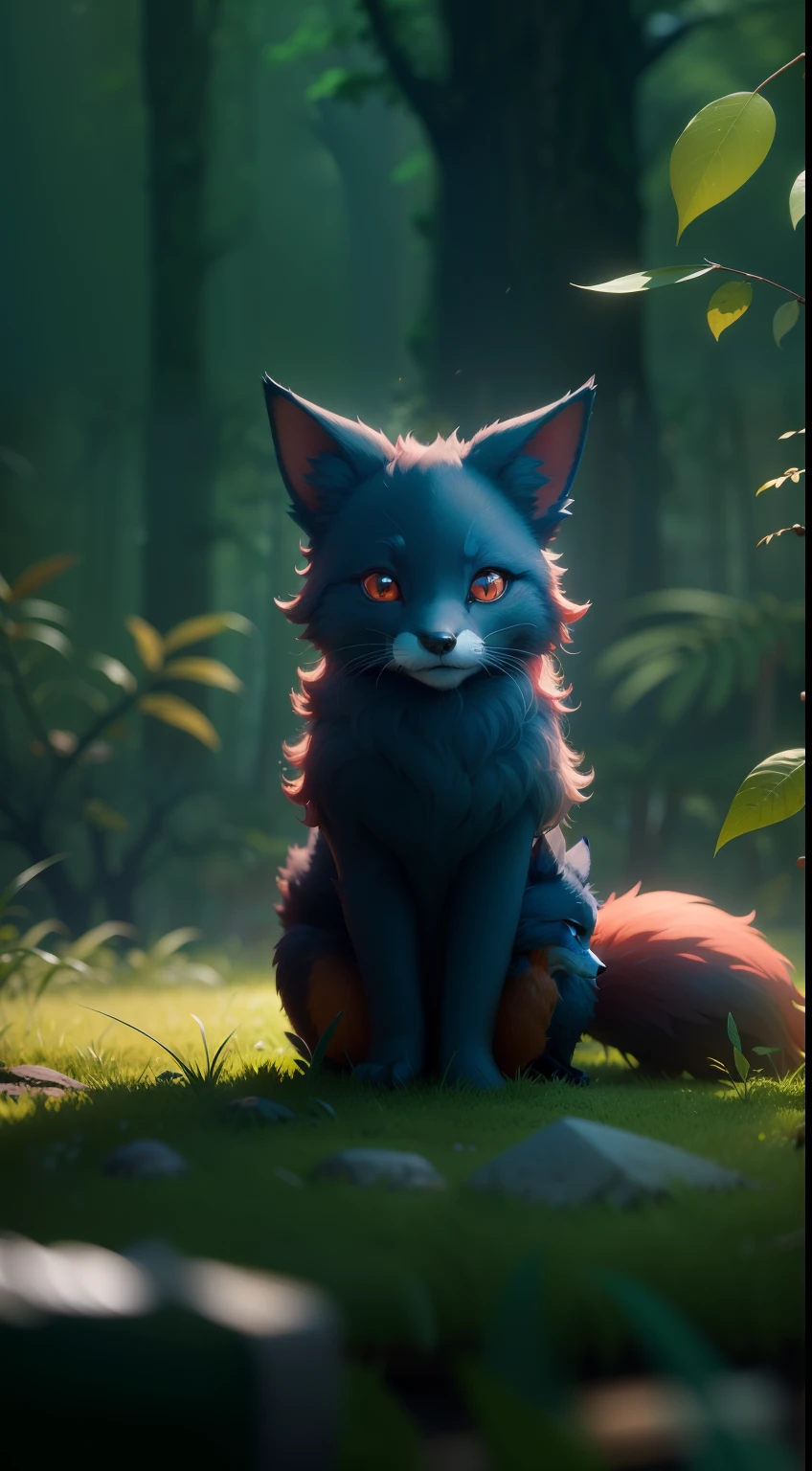 Create a vibrant dark fantasy cute fox cat in a clean-lined minimalistic cartoon style,in the background a beautiful forest, octane render, 8k