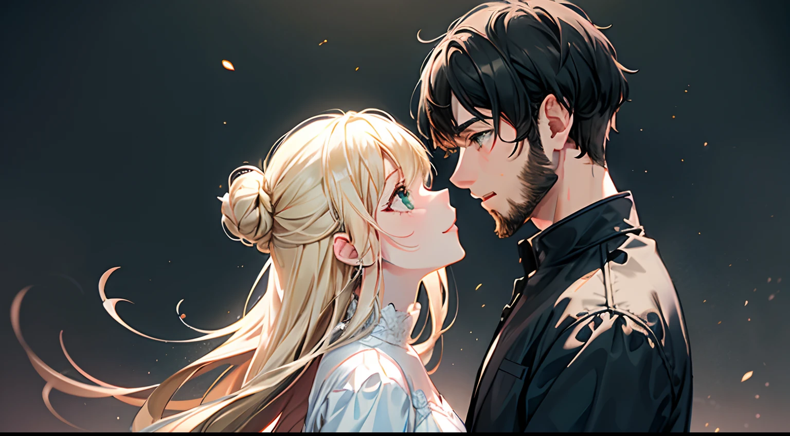 Young couple kissing, 1boy and 1girl, profile. She is blonde, shorter than him. White, green dress. He is dark, bearded, taller than her. Short black hair. Social clothing. Volume light, shadow, best quality, ultra-detailed, adorable, 8k, 4k, 2k