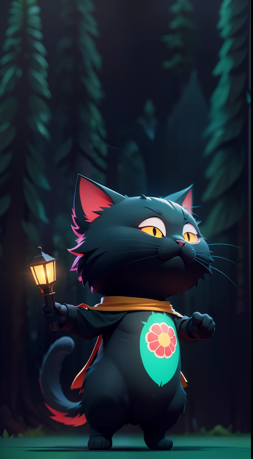 Create a vibrant dark fantasy cute ninja cat in a clean-lined minimalistic cartoon style, in the background a beautiful forest, octane render, 8k