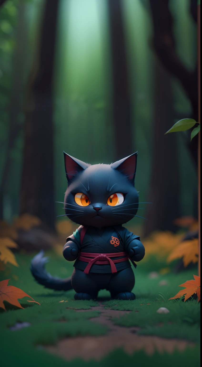 Create a vibrant dark fantasy cute ninja cat in a clean-lined minimalistic cartoon style, in the background a beautiful forest, octane render, 8k