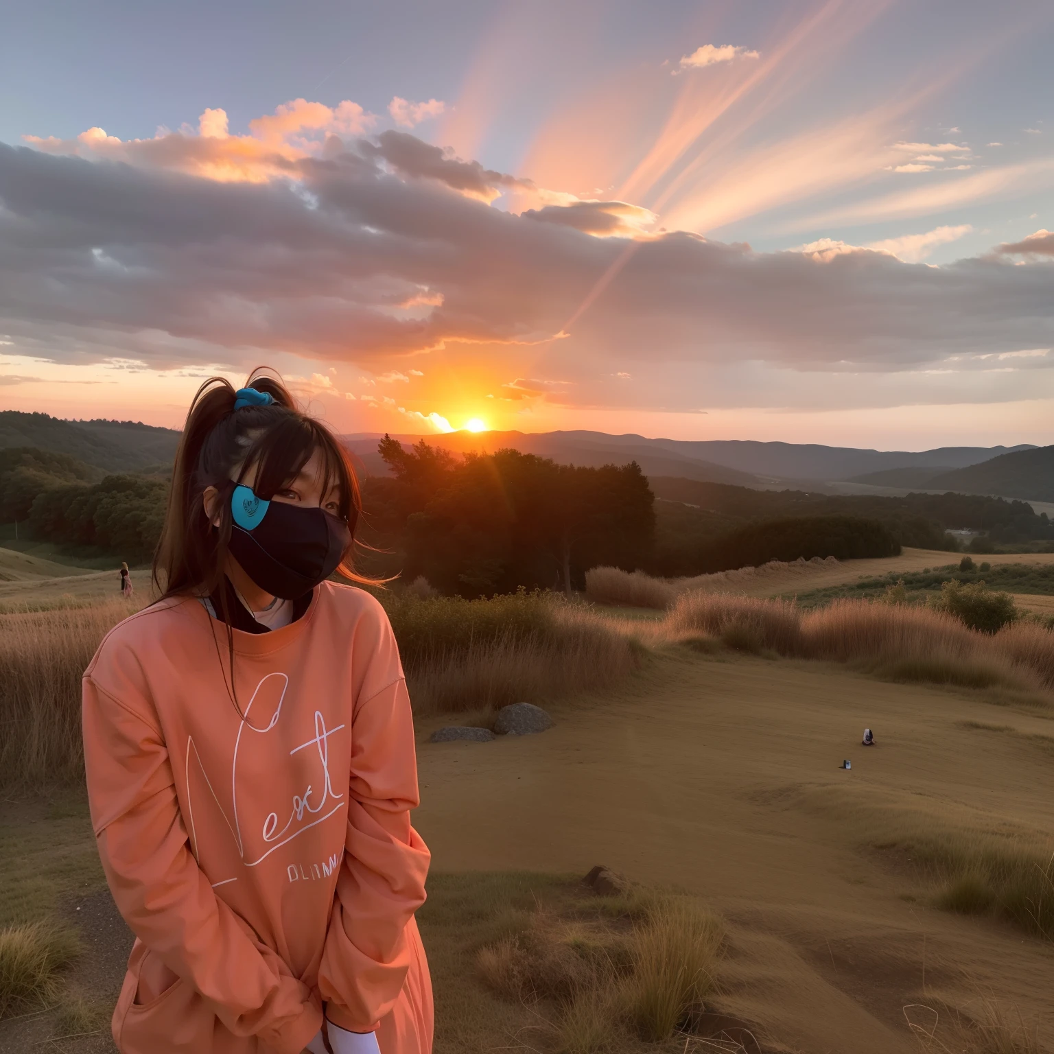 there is a woman standing in a field with a face mask on, with sunset, during sunset, amidst nature, with a sunset, during a sunset, at a beautiful sunset, sunset view, setting in nature, at the sunset, in the sunset, day setting, looking at sunset, in mountains, low perspective, sunset time, mountains and sunset!!