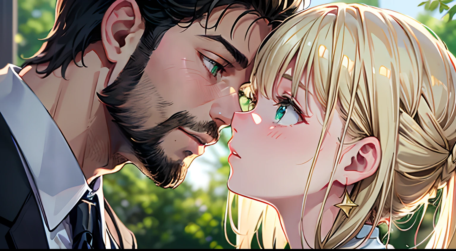 Young couple kissing, 1boy and 1girl, profile. She is blonde, shorter than him. White, green dress. He is dark, bearded, taller than her. Short black hair. Social clothing. Volume light, shadow, best quality, ultra-detailed, adorable, 8k, 4k, 2k
