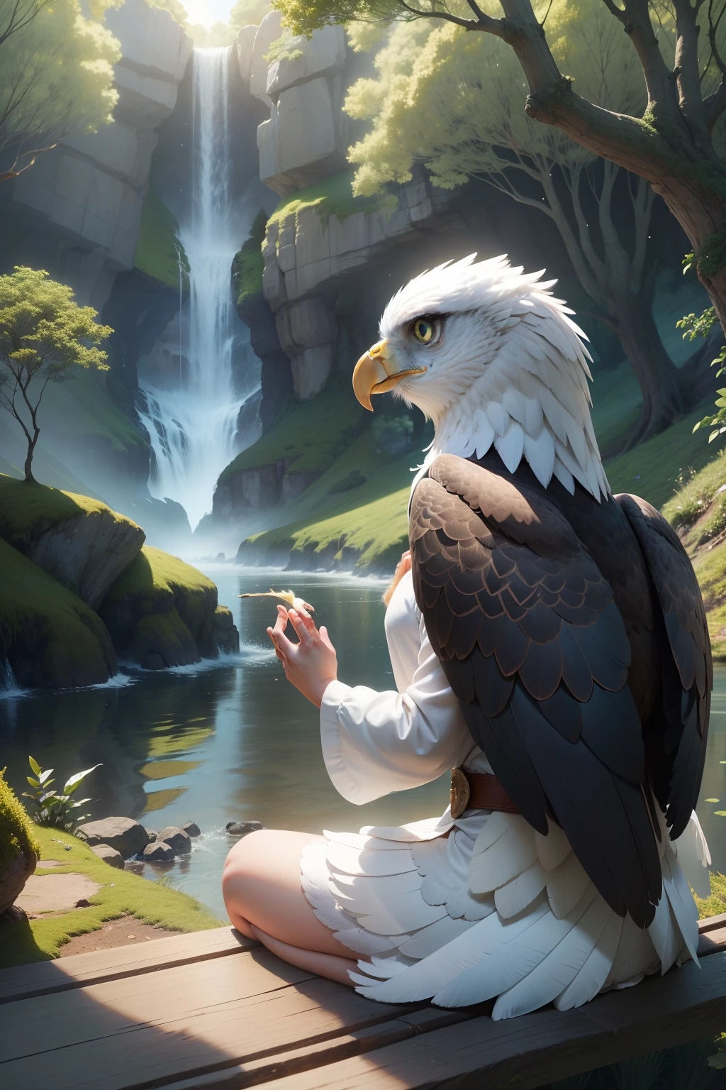 Era uma vez, in a magical place where trees touched the sky and rivers sang soft melodies, there lived a small eagle named Aria. Aria was a very curious eagle and loved exploring the world around her.