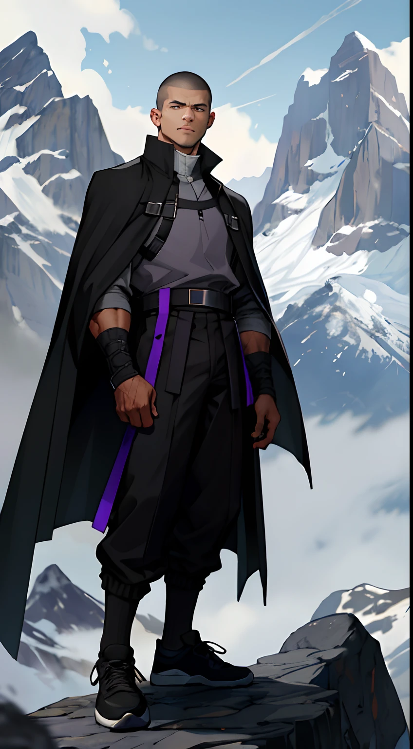 A young male,Strong,Thief costume,brown buzzcut_cut,perfect eyes,grey shirt,Black pantsuit,(Short black socks:1.8),Purple sneakers,a black cloak,Lots of mountains,medieval clothing