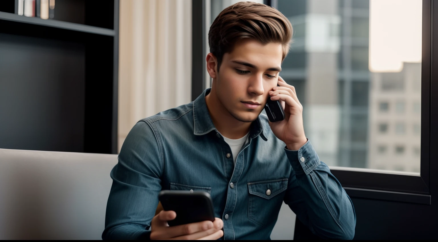 Image of a young man sitting with a cell phone in his hand, Distracted by social media