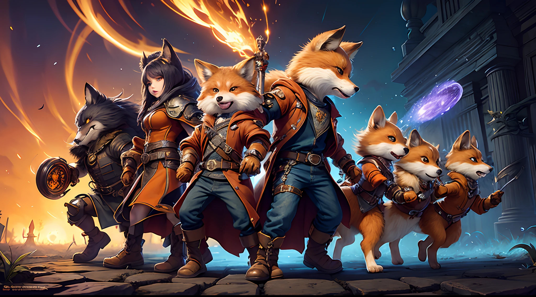 Hyperdetailed Painting, Jean-Baptiste Monge Style, Anthropomorphic fox, knight, ,detailed pupils ,orange hair, red and black armor, kubrik stare, pale skin, greaves, dagger, dual wielding ,, , (extremely intricate robes, magical robes orange and purple), (extremely detailed background), ((dynamic background)), ,, , highest quality,, very angry face, body fitness, full body, long hair with braids , at night in the cemetery with fireflies ,