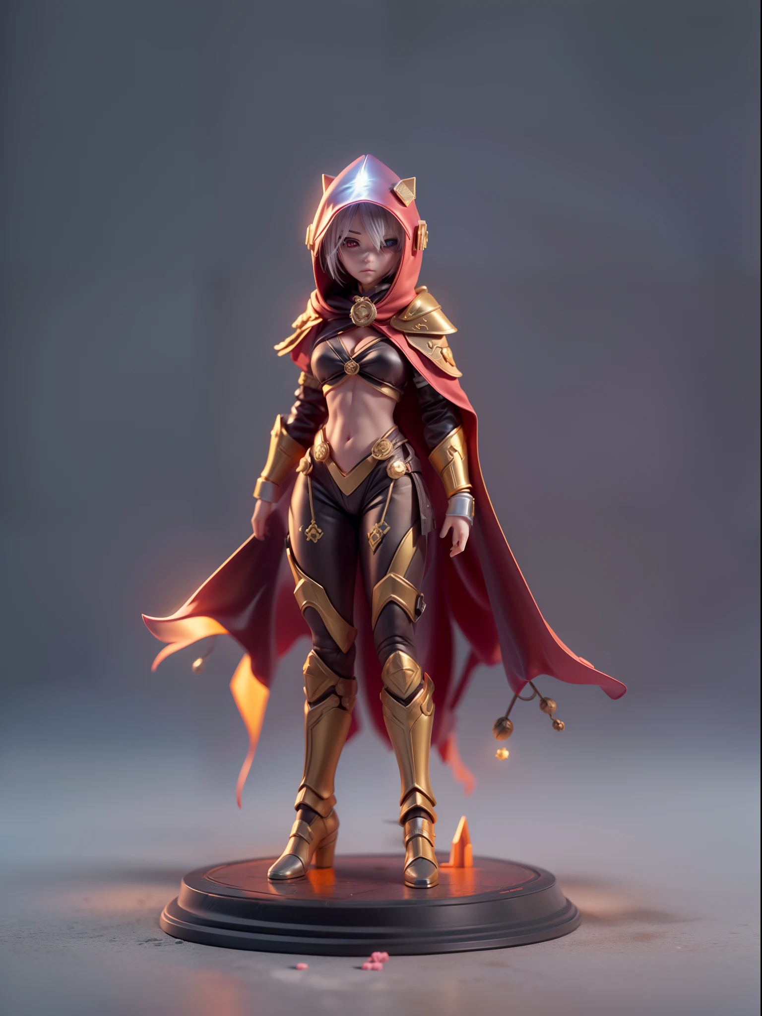 (Blind box toy style:1.3),((Full body shot)) , (1 female mage)(((solo))) plastic armor，Cloth hood，cyberpunk style, dreamy glow, Clean background,gold and red style，(circular base） ( Global illumination, Ray tracing, hdr, unreal render,reasonable design, high detail, Masterpiece, Best quality, hyper HD, Cinematic lighting)