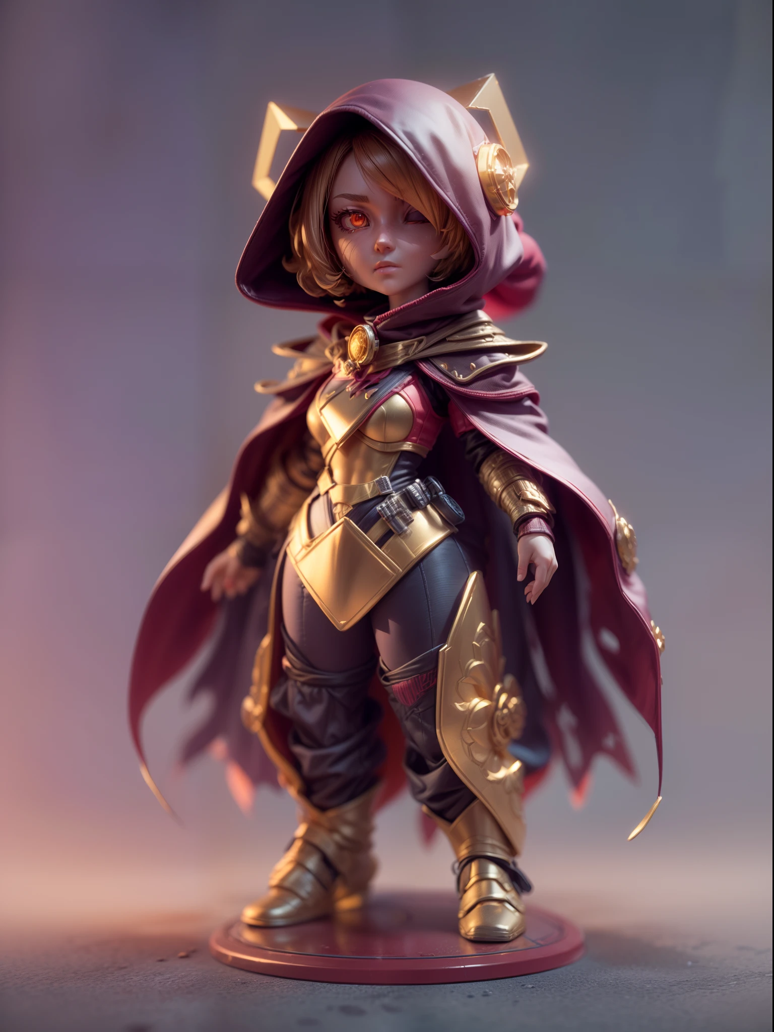 (Blind box toy style:1.3),((Full body shot)) , (1 female mage)(((solo))) plastic armor,Cloth hood,cyberpunk style, dreamy glow, Clean background,gold and red style,(circular base) ( Global illumination, Ray tracing, hdr, unreal render,reasonable design, high detail, Masterpiece, Best quality, hyper HD, Cinematic lighting)