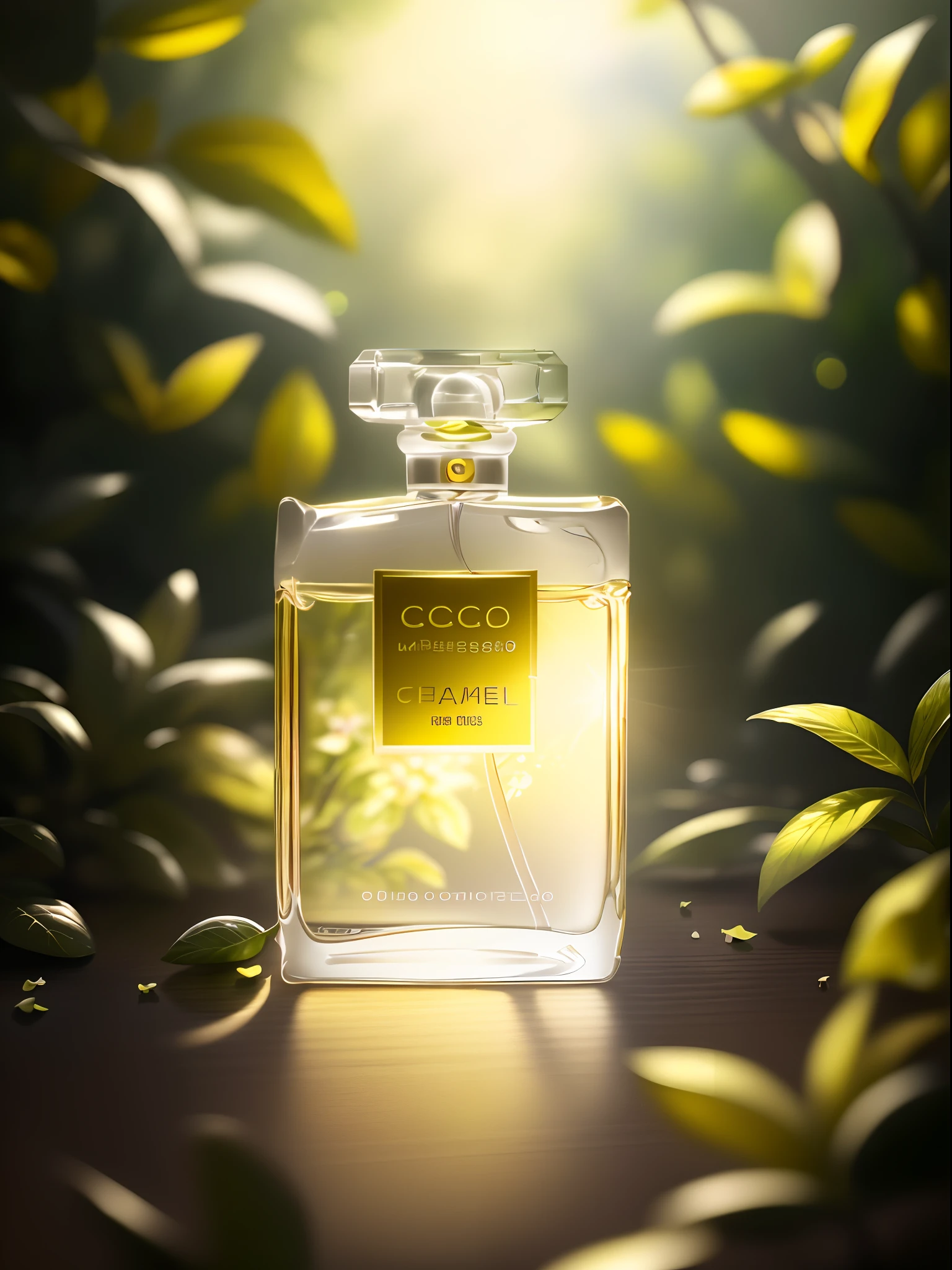 Masterpiece, best quality, (very detailed CG unified 8k wallpaper) (best quality), (best illustration), (best shadow) Nature Valley Delicate foliage Petals of various colors falling in the air Ray tracing, ultra detailed, label white, background solid color, yellow soft light irradiation, perfume bottle is made of glass --v6