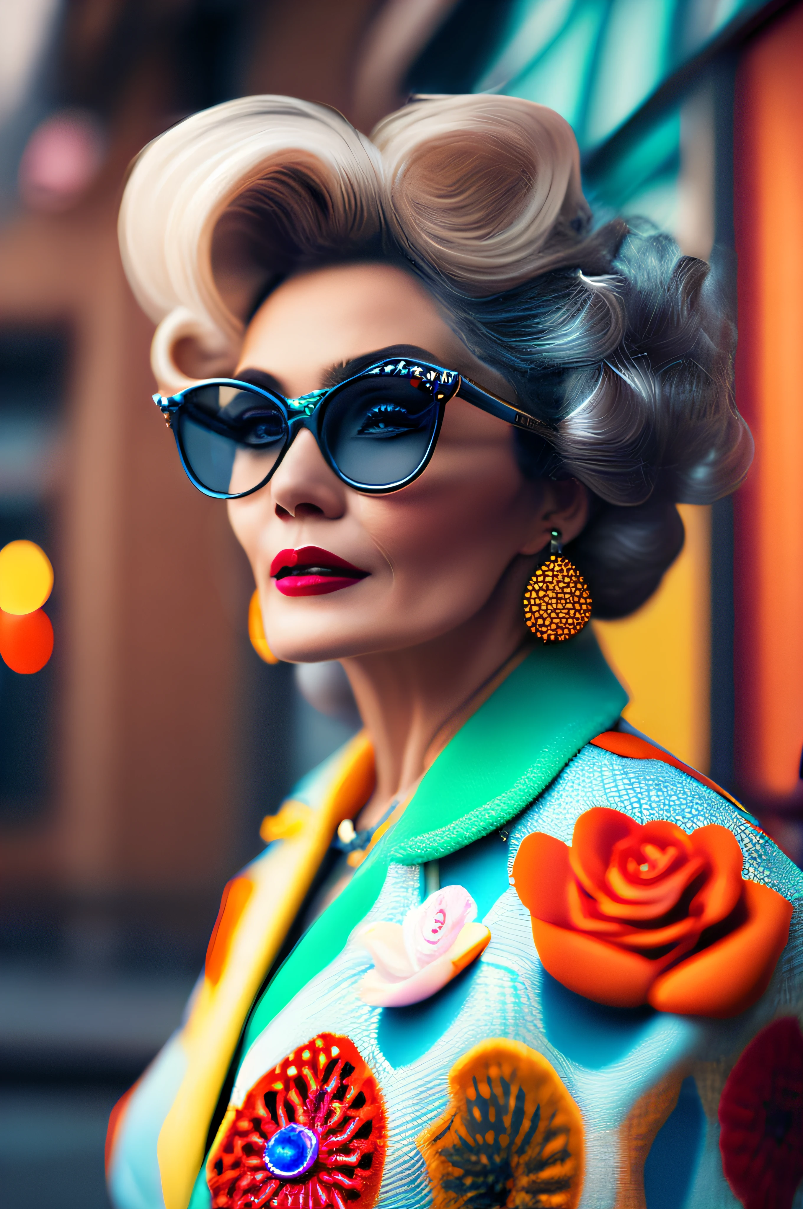 Blonde woman with a colorful jacket and sunglasses on a city street, Ensaio de Moda 8K, foto de retrato, moda maximalista, Retrato tirado 8 K, moda colorida, glamour da cor do retrato, mulher da moda, Fotografia de Moda, color photograph portrait 4k, fotografia de alta moda, Directed by: Zofia Stryjenska, por Wayne England, retrato de moda, detalhes e cores vivas