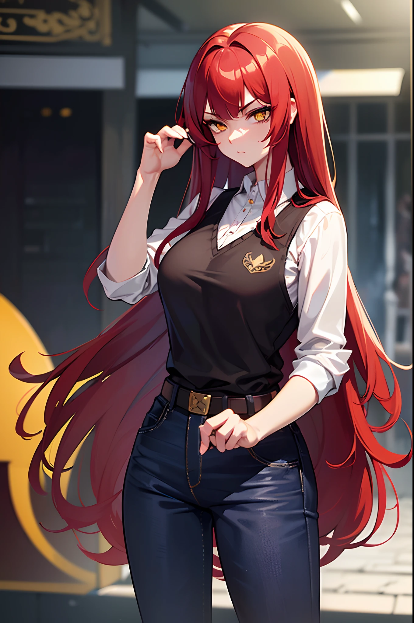 ((masterpiece)), ((best quality)), 1girl, long hair, big bust, ((red hair)), very long red hair, ((intimidant look)), ((close-up)), profile image, yellow eyes, black and blue clothes, sexy, palace entrance, exterior, dark colors, brillant eyes, ((casual clothes)), ((wavy hair)), exposed skin, jeans, white shirt, vest, boots, ((intimidant look)), good anatomy, ((straight cut bangs)), evil, emotionless, intimidant, ((beautiful eyes)), dark background, close up, ((detailed eyes)), beautiful eyes, hair bang, frontal look