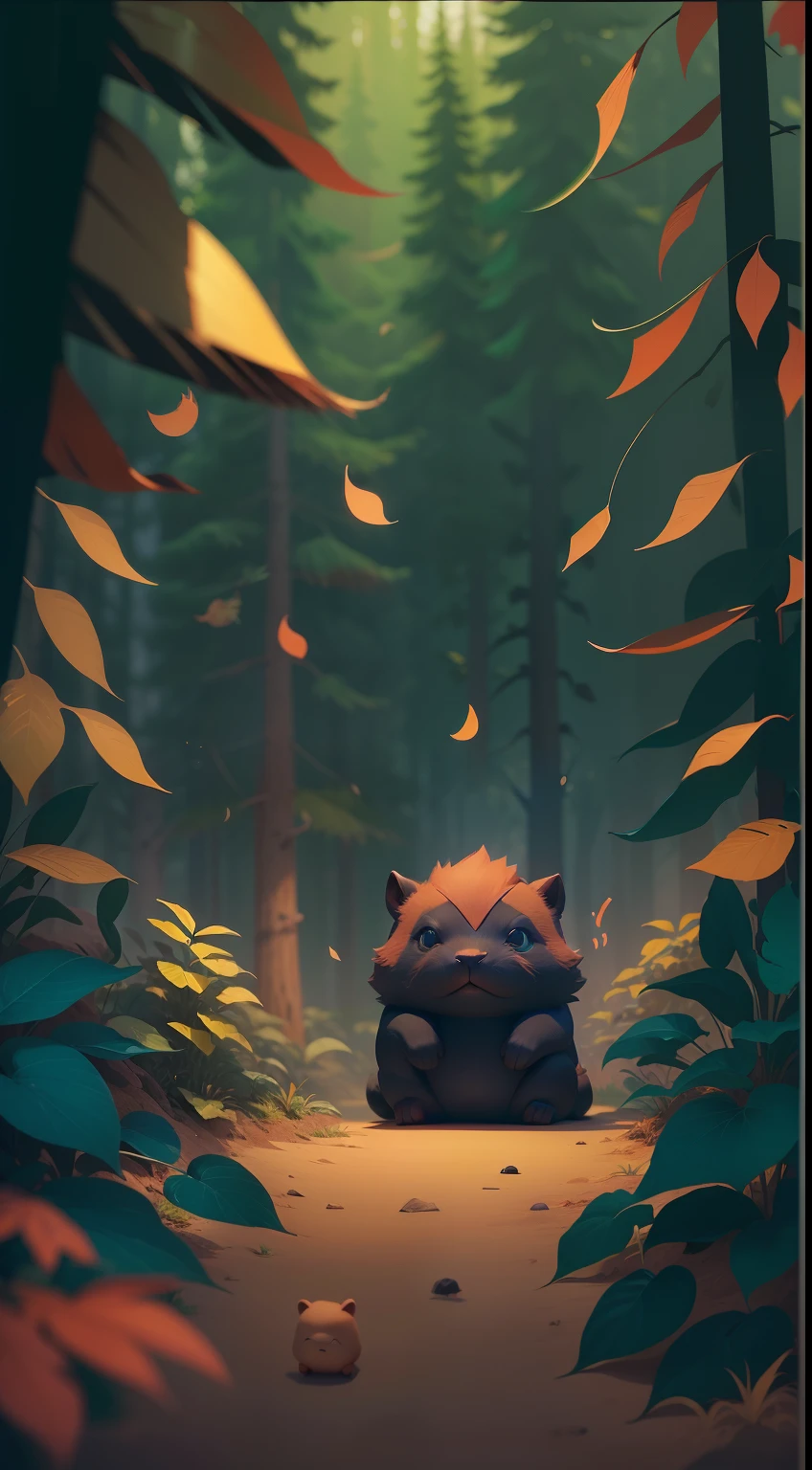 Create a vibrant dark fantasy cute ninja capybara in a clean-lined minimalistic cartoon style, in the background a beautiful forest, octane render, 8k