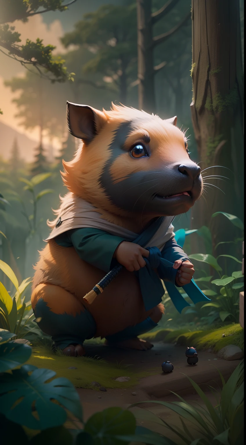 Create a vibrant dark fantasy cute ninja capybara in a clean-lined minimalistic cartoon style, in the background a beautiful forest, octane render, 8k