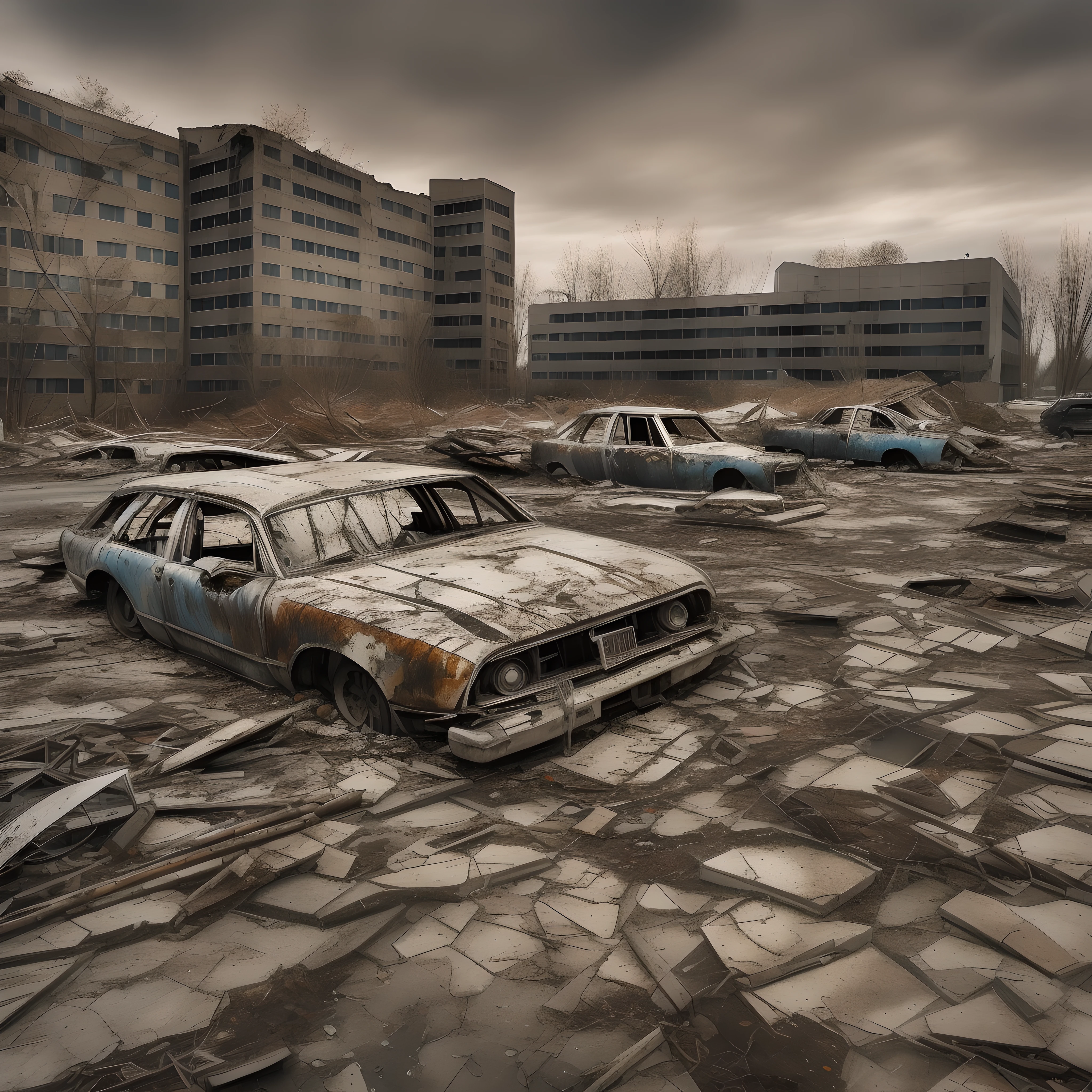 The once smooth parking lot is now a wreckage, the aftermath of some cataclysmic disaster. Cracked pavement and upturned slabs create an uneven landscape. The painted lines denoting parking spots are faded and barely visible through accumulated dirt and debris.

Derelict vehicles are haphazardly strewn about, rusting and covered in layers of dust. Shattered glass, shredded tires, and twisted hunks of metal tell the story of destruction. Overturned cars lie on their roofs like beetles with their underbellies exposed.

The sturdy brick sign still stands but the corporate logo is broken and the name Cyberdyne Systems is missing letters. The sleek modern building behind is a gutted shell, with blown out windows and blackened scorch marks along the facade.

The trees that once lined the perimeter are either toppled over, nothing but charred trunks, or bent and deformed like gnarled witchfingers clawing upwards. The landscaping is barren soil scattered with ashes and rubble.

Absolute stillness pervades. No rumble of engines or worker conversations. Instead, there's an eerie silence, punctuated by the lonely groan of metal when a ruined car shifts or settles. The parking lot stands devoid of life amidst the aftermath of armageddon.