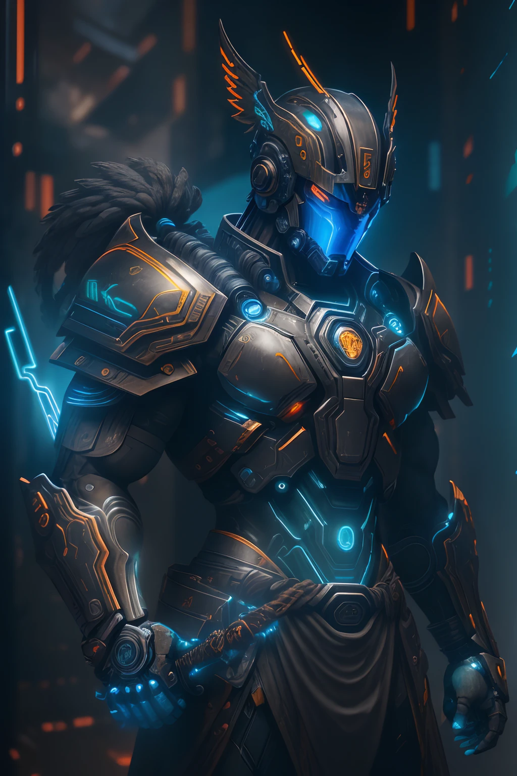 (Ultra resolution 8K), impresionante obra maestra,Cyberpunk Spartan warrior as titan of the digital age. Dressed in biomechanical armor of dark and metallic tones. His cybernetic helmet frames a resolute face, in which cybernetic eyes glow with flashes of blue light. Luminescent circuit lines snake through your skin, And digital tattoos change pattern as they connect to the global network. Its robotic limbs glide with deadly precision, while its modified human body exhibits sculpted and streamlined musculature.The warrior wields a sword with a nanotechnology blade, whose advantage adapts to each enemy and situation, Cyberpunk Spartan warrior embodies a unique fusion between ancestral strength and technological innovation. Su presencia inspira respeto y asombro, Reminding everyone that even in the age of machines, The indomitable essence of the warrior continues to burn in his heart of metal and flesh.(Quality lighting), Spectral illumination, agregar efecto al final