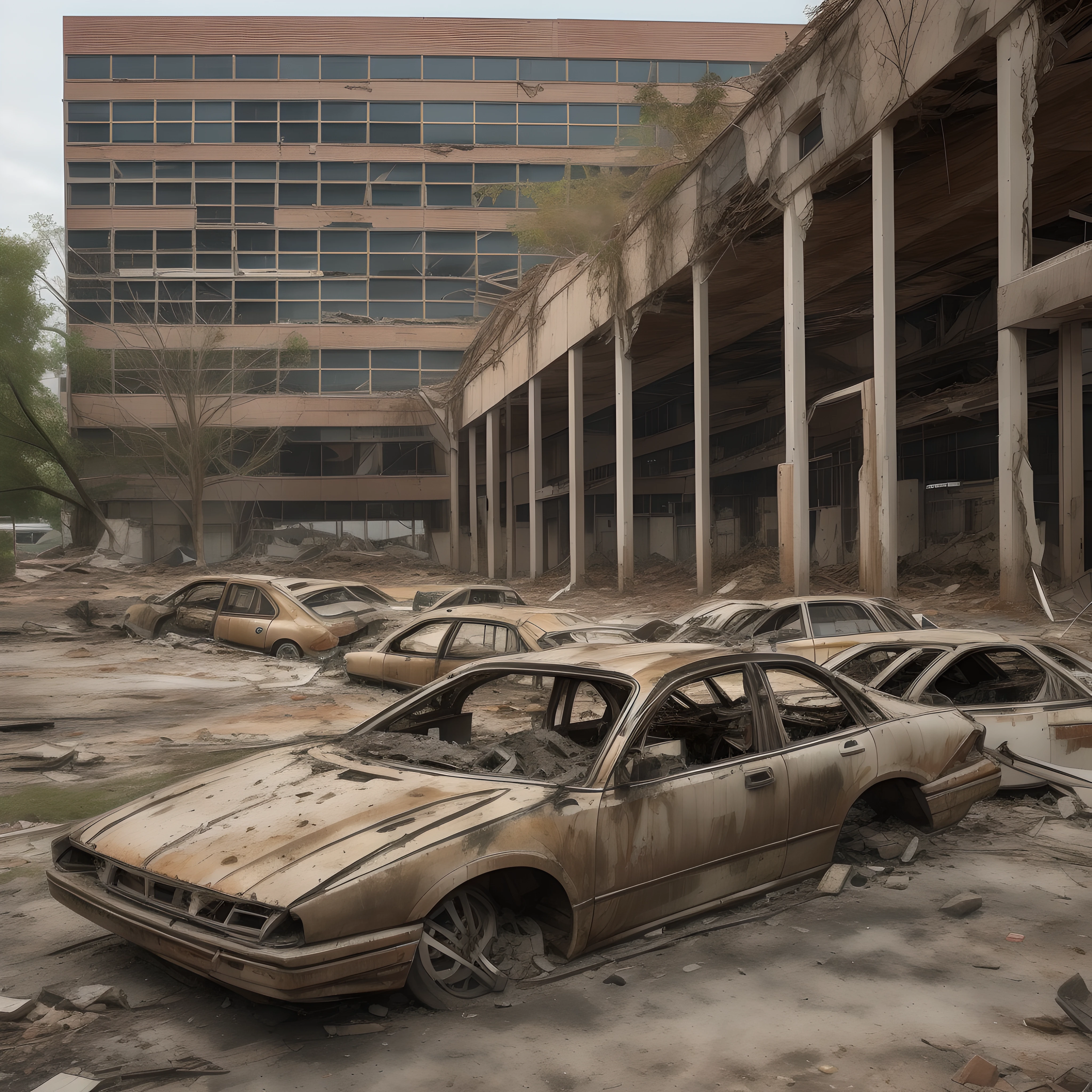 The once smooth parking lot is now a wreckage, the aftermath of some cataclysmic disaster. Cracked pavement and upturned slabs create an uneven landscape. The painted lines denoting parking spots are faded and barely visible through accumulated dirt and debris.

Derelict vehicles are haphazardly strewn about, rusting and covered in layers of dust. Shattered glass, shredded tires, and twisted hunks of metal tell the story of destruction. Overturned cars lie on their roofs like beetles with their underbellies exposed.

The sturdy brick sign still stands but the corporate logo is broken and the name Cyberdyne Systems is missing letters. The sleek modern building behind is a gutted shell, with blown out windows and blackened scorch marks along the facade.

The trees that once lined the perimeter are either toppled over, nothing but charred trunks, or bent and deformed like gnarled witchfingers clawing upwards. The landscaping is barren soil scattered with ashes and rubble.

Absolute stillness pervades. No rumble of engines or worker conversations. Instead, there's an eerie silence, punctuated by the lonely groan of metal when a ruined car shifts or settles. The parking lot stands devoid of life amidst the aftermath of armageddon.