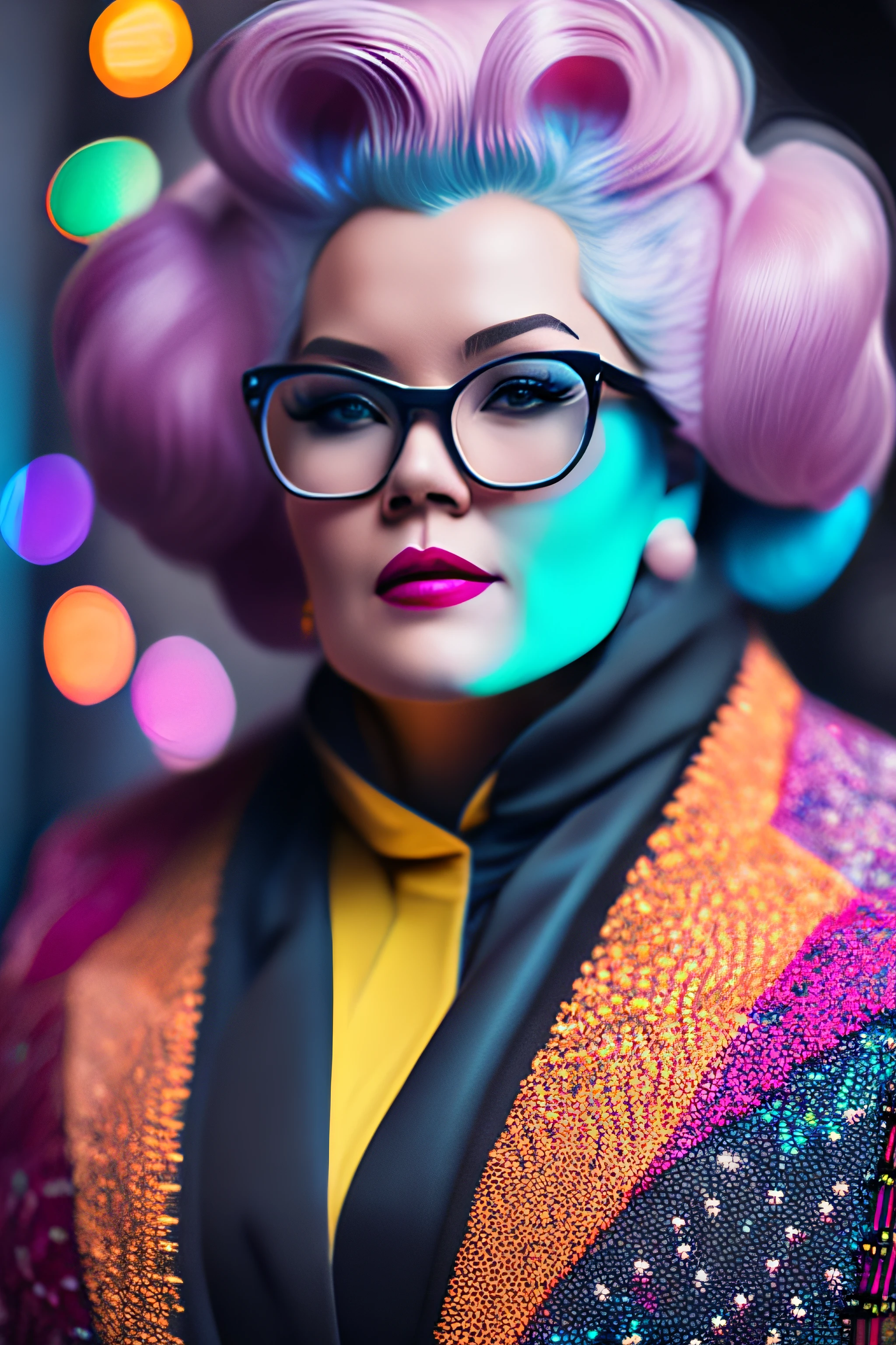 Colorful woman with glasses and a colorful jacket, glamour da cor do retrato, Jen Bartel, color photograph portrait 4k, Retrato de Mad Lady Scientist, foto de retrato, Retrato tirado 8 K, retrato futurista da mulher, retrato colorido, modelo bonito da mulher cyberpunk, mulher futurista da moda, Retrato de uma mulher sci - fi, no estilo cyberpunk, 8k artistic portrait photography, olhar orgulhoso