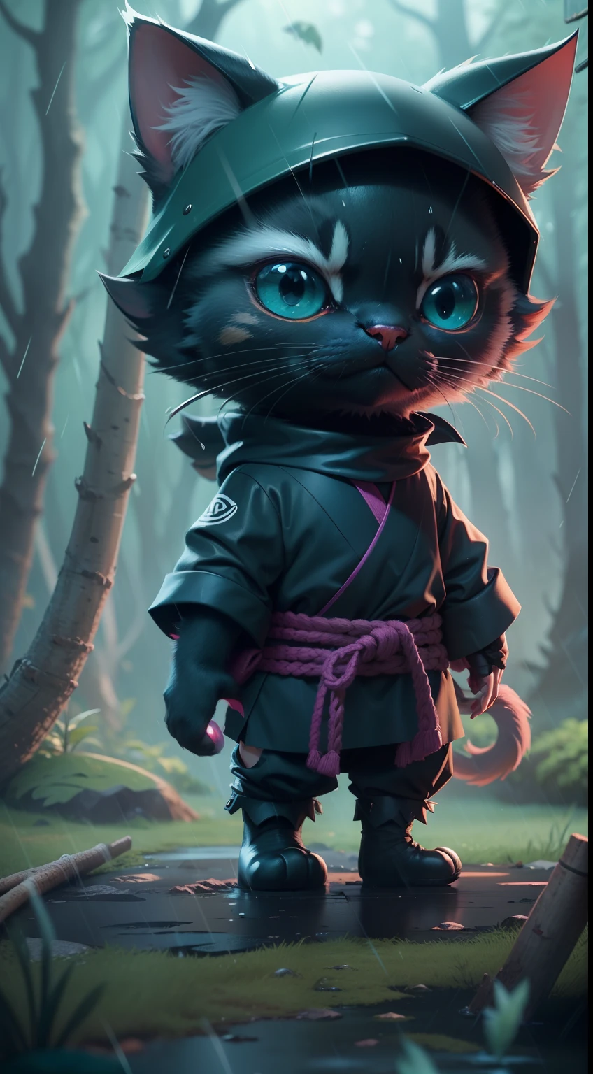 Create a vibrant dark fantasy cute ninja cat in a clean-lined minimalistic cartoon style, in the background a beautiful forest, rain, octane render, 8k