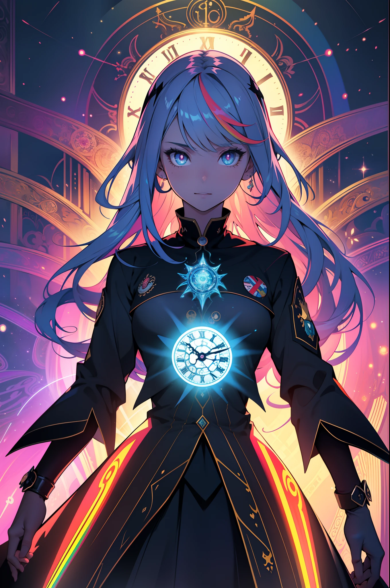 1girll， adolable， whaite hair，Rainbow pupils，ultra - detailed， （s fractal art：1.4）， rich colourful， detailed back ground， （Fractals in the background：1.2）， Clock and magic， magestic， hight contrast， Ray traching， cinmatic lighting， （Start from the front：0.6）