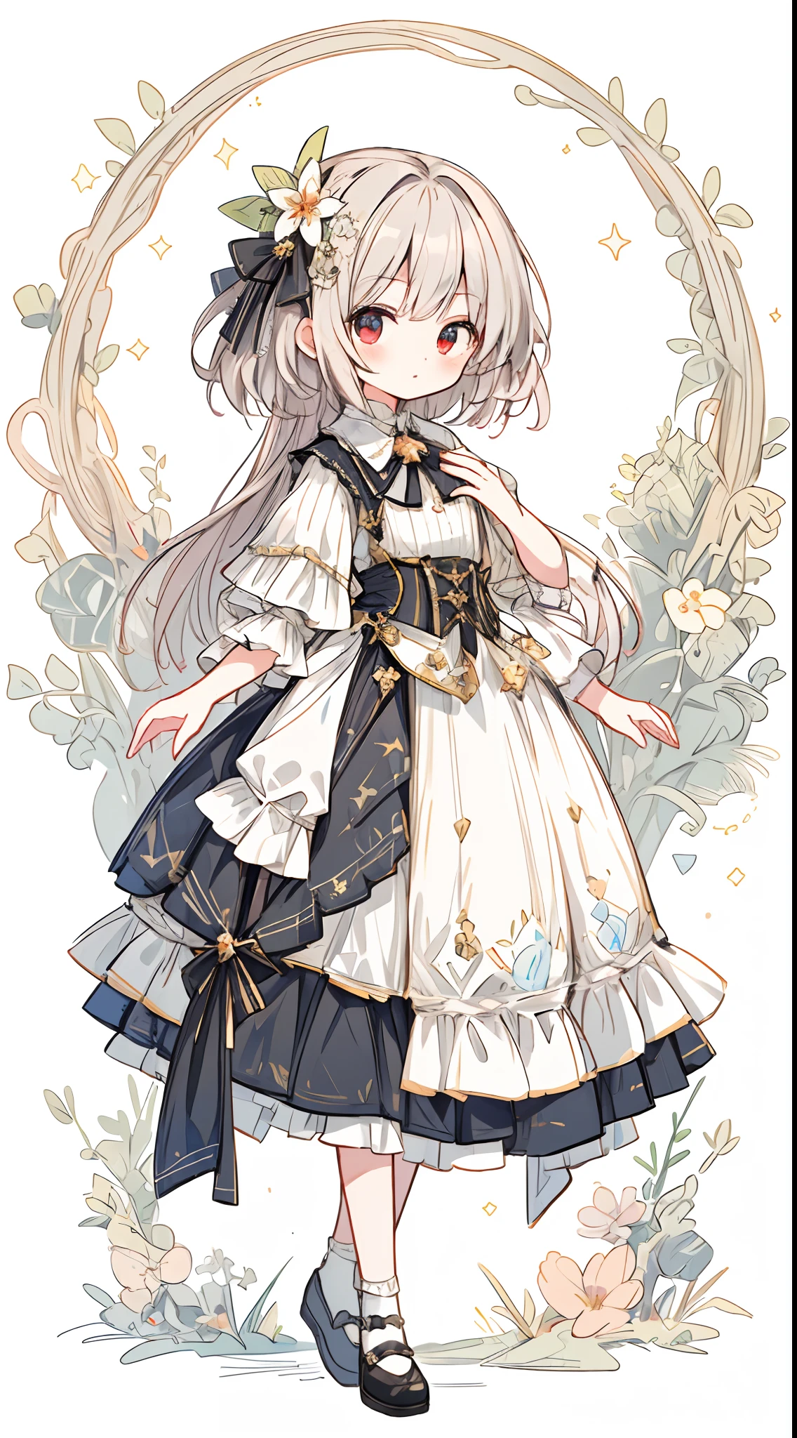 (masterpiece, best quality:1.2), illustration, absurdres, highres, extremely detailed, 1 ite girl, white short hair, red eyes, eye highlights, dress, short puffy sleeves, frills, outdoors, flower, fluttering petals, upper body, (moon:1.2), night, depth of field, (:d:0.8),（black pantyhose）