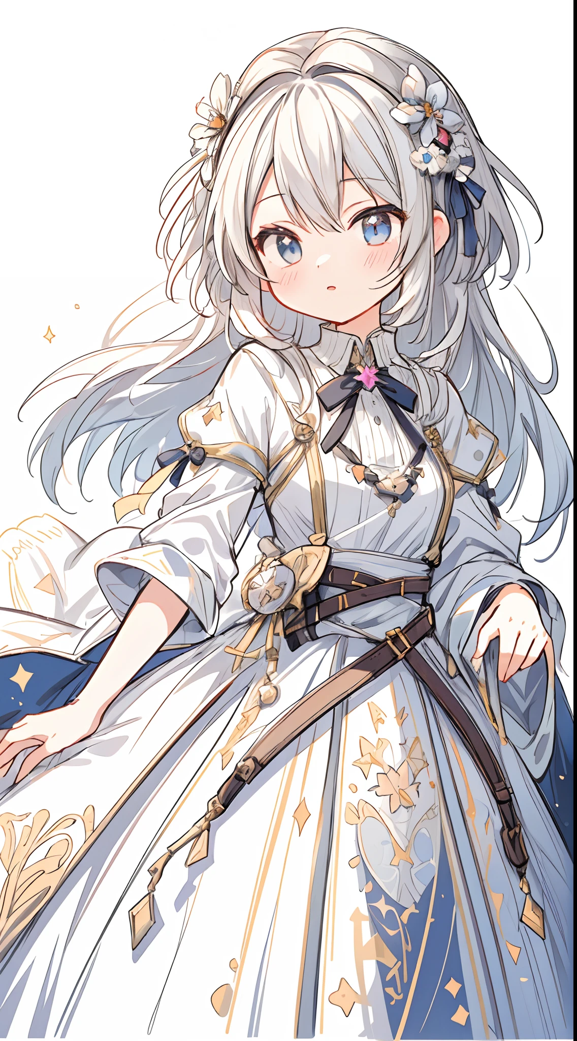 (masterpiece, best quality:1.2), illustration, absurdres, highres, extremely detailed, 1 petite girl, white short hair, red eyes, eye highlights, dress, short puffy sleeves, frills, outdoors, flower, fluttering petals, upper body, (moon:1.2), night, depth of field, (:d:0.8),（black pantyhose）