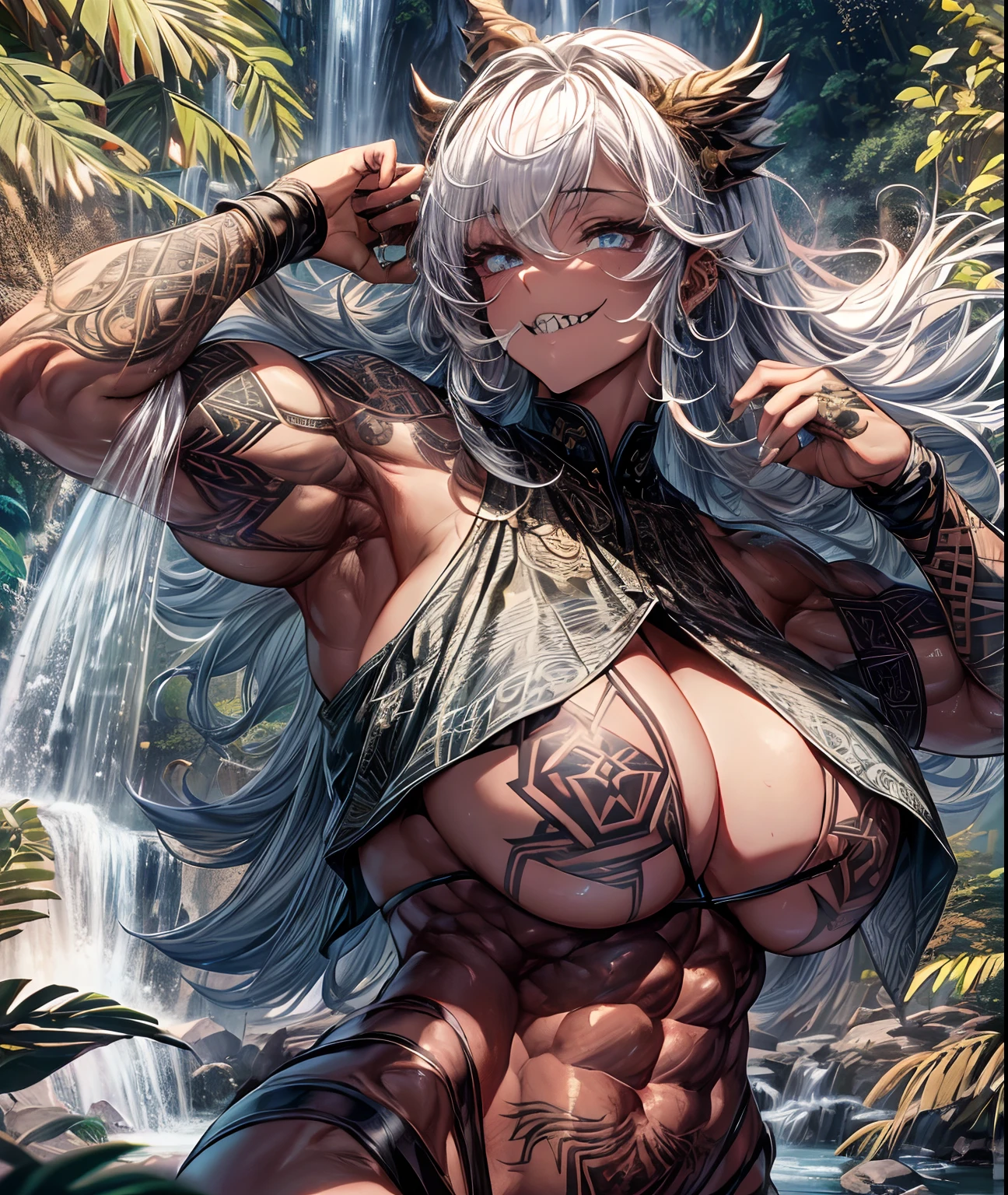 (adorned with intricate tattoos、baring sharp teeth、Muscular and huge savage girl)+Dynamic Poses+intricate-detail、(Big_Body:1.9)、(Dark_skin:1)、(Convoluted_detail:1)、(with an intricate_Background:1.1)、Waterfall background、a temple background、shorth hair、(tattooed:0.5)