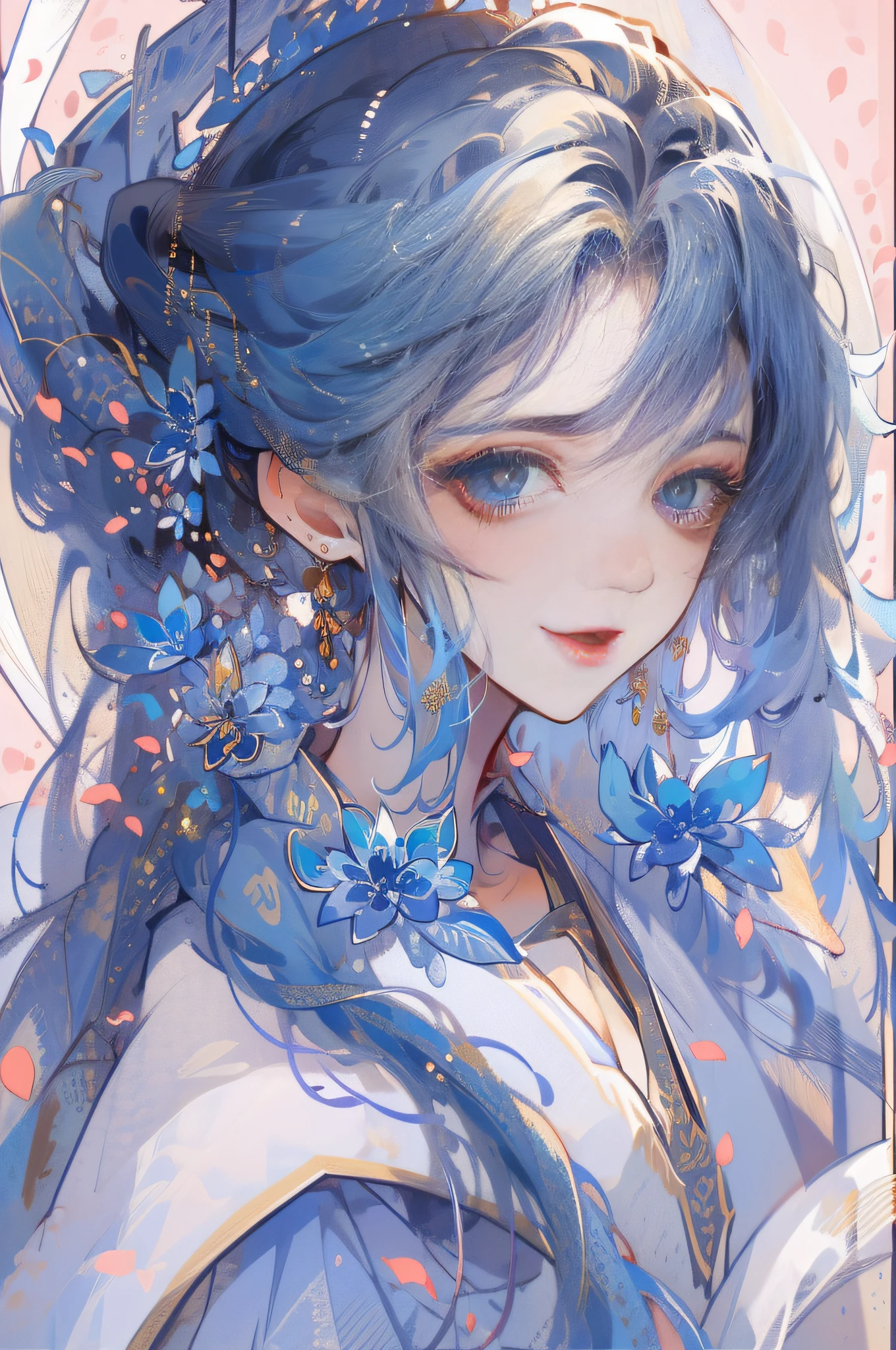 Mature girl ，Blue long hair，Floating hair，Delicate and agile eyes，Blue pupils，Solid color Hanfu，fov，tmasterpiece，Petals flying，Frontal portrait shot，Moon，grieves，ultraclear，high qulity，Chinese hair，Ancient hair，full bodyesbian，Han style long skirt，Shawl