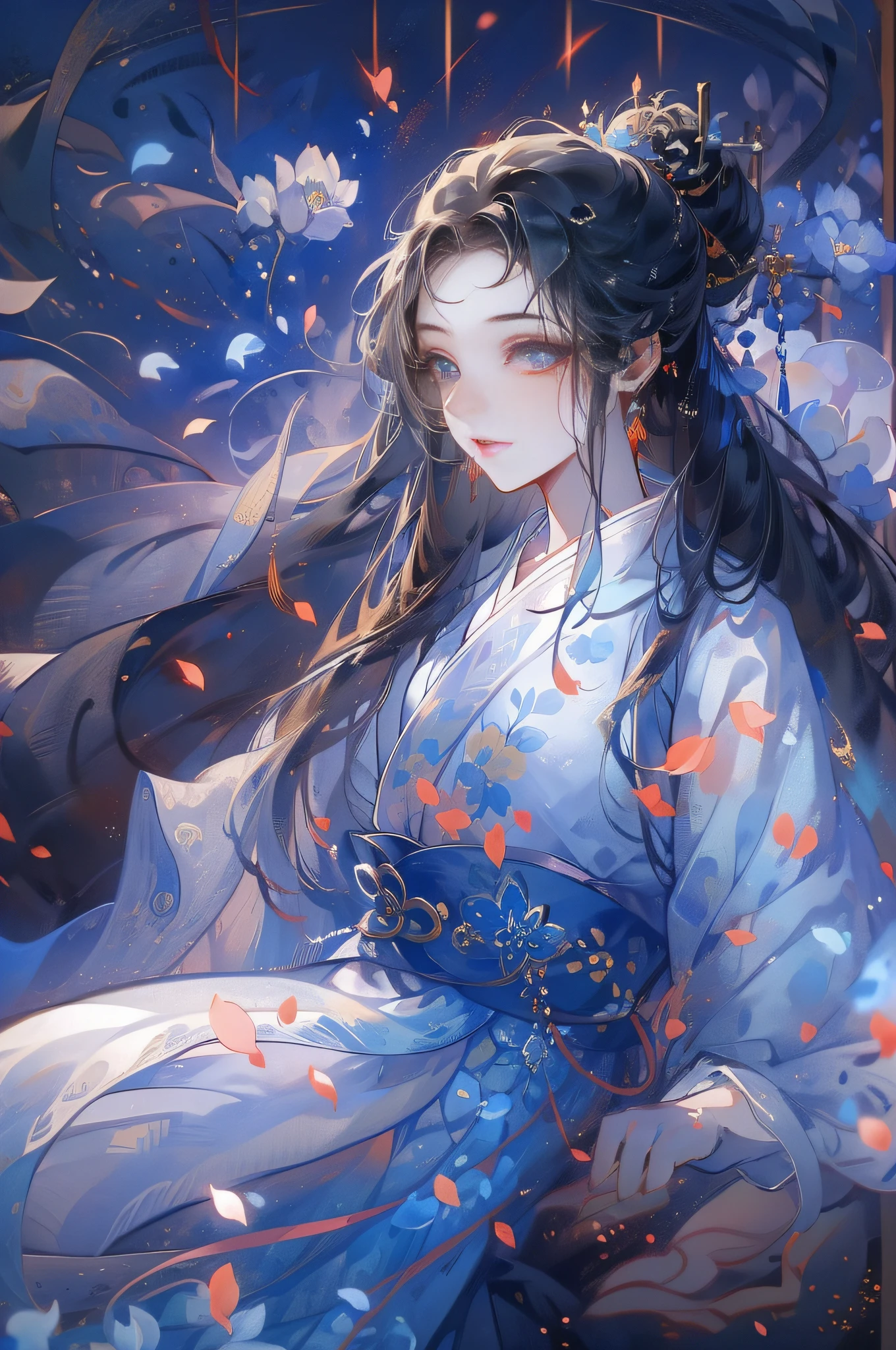 Mature girl ，Blue long hair，Floating hair，Delicate and agile eyes，Blue pupils，Solid color Hanfu，fov，tmasterpiece，Petals flying，Frontal portrait shot，Moon，grieves，ultraclear，high qulity，Chinese hair，Ancient hair，full bodyesbian，Han style long skirt，Shawl