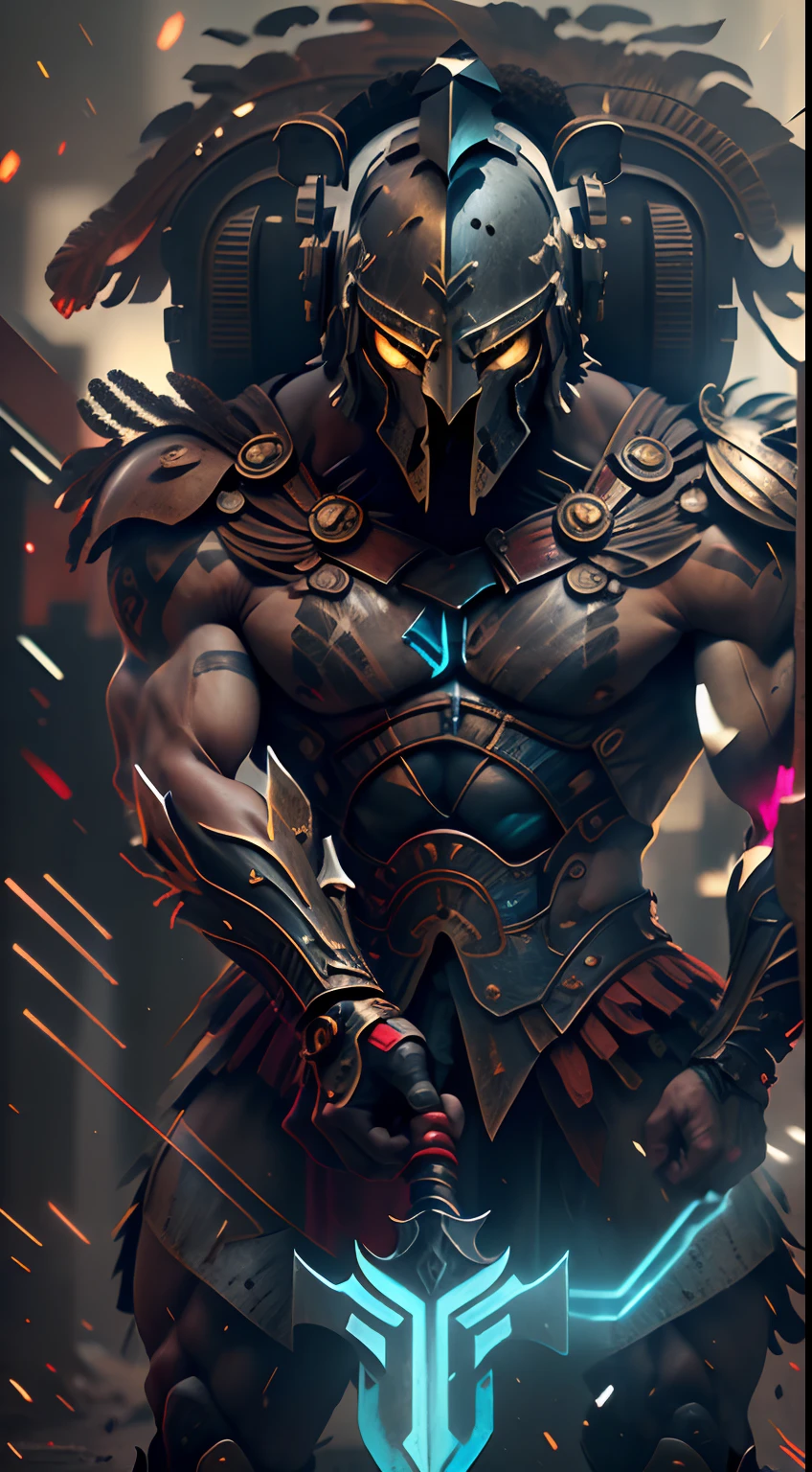 (Ultra resolution 8K), impresionante obra maestra,Cyberpunk Spartan warrior as titan of the digital age. Dressed in biomechanical armor of dark and metallic tones. His cybernetic helmet frames a resolute face, in which cybernetic eyes glow with flashes of blue light. Luminescent circuit lines snake through your skin, And digital tattoos change pattern as they connect to the global network. Its robotic limbs glide with deadly precision, while its modified human body exhibits sculpted and streamlined musculature.The warrior wields a sword with a nanotechnology blade, whose advantage adapts to each enemy and situation, The Cyberpunk warrior Spartan embodies a unique fusion between ancestral strength and technological innovation. Su presencia inspira respeto y asombro, Reminding everyone that even in the age of machines, The indomitable essence of the warrior continues to burn in his heart of metal and flesh.(Quality lighting),  Spectral illumination, agregar efecto al final