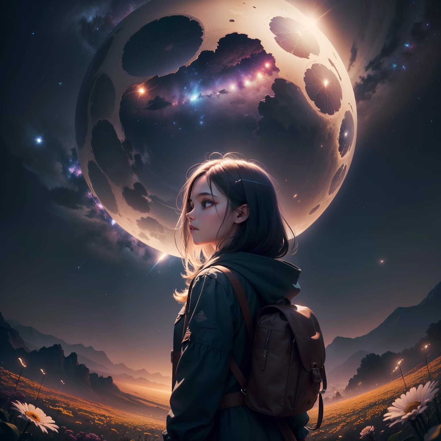 A imagem mostra uma vista de baixo, capturing the sky above and an open field below, Creating a sense of space and freedom.
- No centro da cena, There's a girl standing in a field of flowers, com os olhos fixos para cima.
- The full moon is shining brightly in the sky, com um brilho de 1.2, Adding a magical touch to the scene.
- The sky is dotted with shooting stars, com um fator de 0.9, providing an element of wonder and mystery.
- A nebula gracing the background of the sky, with a rating of 1.3, adds a sense of depth and cosmic wonder.
- Ao longe, uma majestosa montanha pode ser vista, adding dimension and a sense of scale to the landscape.
- Next to the Girl, there's a broken tree, adding a dash of melancholy and mystery to the scene.
- Illumination is provided by a hot light source, com um fator de 1.2, that gives a feeling of comfort and warmth to the image.
- Small fireflies are glowing around the scene, with the same rating of 1.2, creating a magical and enchanting atmosphere.
- A light fixture is seen hanging somewhere in the image, emitindo uma luz suave e difusa.
- The color palette is dominated by shades of purple and orange, creating a vivid and engaging contrast.
- Image details are complex and ultra-detailed, with a resolution of 4k, permitindo que cada elemento seja apreciado em sua plenitude.
- Image composition is dynamic, com um fator de 1.4, creating a sense of movement and fluidity.
- Colors are highly detailed and have an iridescent touch, com um fator de 1.2, adicionando uma qualidade vibrante e cativante aos detalhes.
- The lighting is bright and atmospheric, creating a sense of dream and magic.
- The image soil has a rating of 1.2, com uma textura detalhada e realista, Adding a sense of anchorage to the scene.