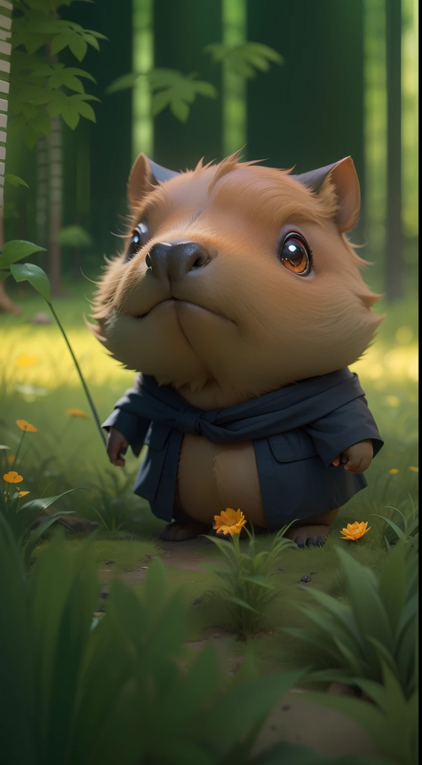 Create a vibrant dark fantasy cute ninja capybara in a clean-lined minimalistic cartoon style, in the background a beautiful forest, octane render, 8k