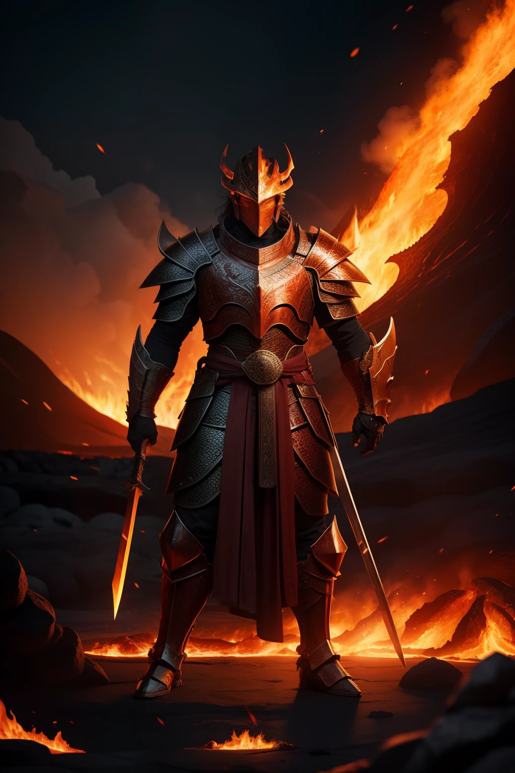 "Powerful warrior adorned in Dragon Skin armor standing amidst the fiery glow of lava"