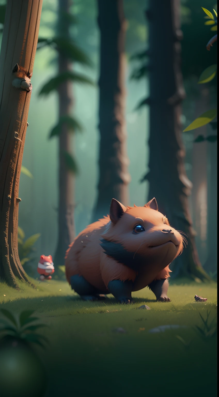 Create a vibrant dark fantasy cute ninja capybara in a clean-lined minimalistic cartoon style, in the background a beautiful forest, octane render, 8k