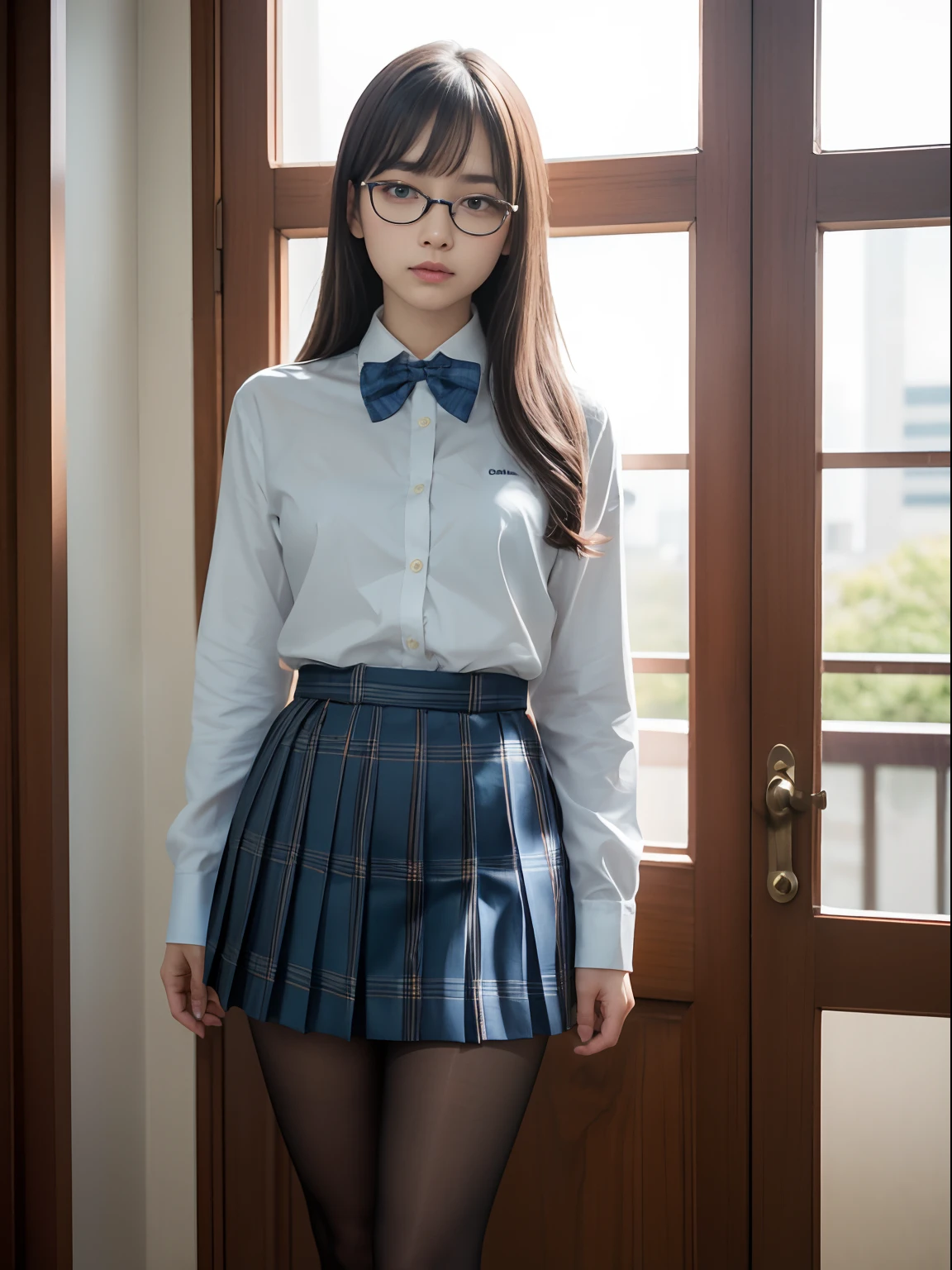 (8K、Raw photography、top-quality、masterpiece:1.2),Hanging,watching at viewers,Looking at the front,side poneyTail,Shedding hair in a single strand to the chest,Bullish,Muchimuchi,Erotic,Pupils,Light Blue Bra,de pele branca,kne,(Black pantyhose),absurderes,a small face,small tits,flat breast,Parting the bangs from the middle、Forehead visible,(a cold expression,Tight eyes,glares,Bullish,skinny,Rasping,irate)、masterpiece,top-quality、超A high resolution,Raw photo,ren,Beautiful fece,One Person, 独奏,eye glass,,Dark look,Small breasts,fullllbody,Round glasses、cute little、Back to Student,JK school uniform,hi-school girl,A Japanese Lady,is standing,(Photorealsitic:1.37)、Photon mapping,Realistic、Cute little face,Brown-eyed、Black socks、(Red bow tie)、Radio City、Physically Based Rendering、Foreground、depth of fields、Blurry background、a picture,The girls、Body,beauty legs, Long legs, Thin leg,Tie your hair into one strand on your chest,(Bangs are visible), hair, s lips, Blue_The eye, nosesoft,(Light blue shirt), (Navy and blue and white plaid pleated skirt), Knees are visible,Sheer clothing,, Thigh, Black cotton socks,Nogizaka Idol, 女優, Japanese ido