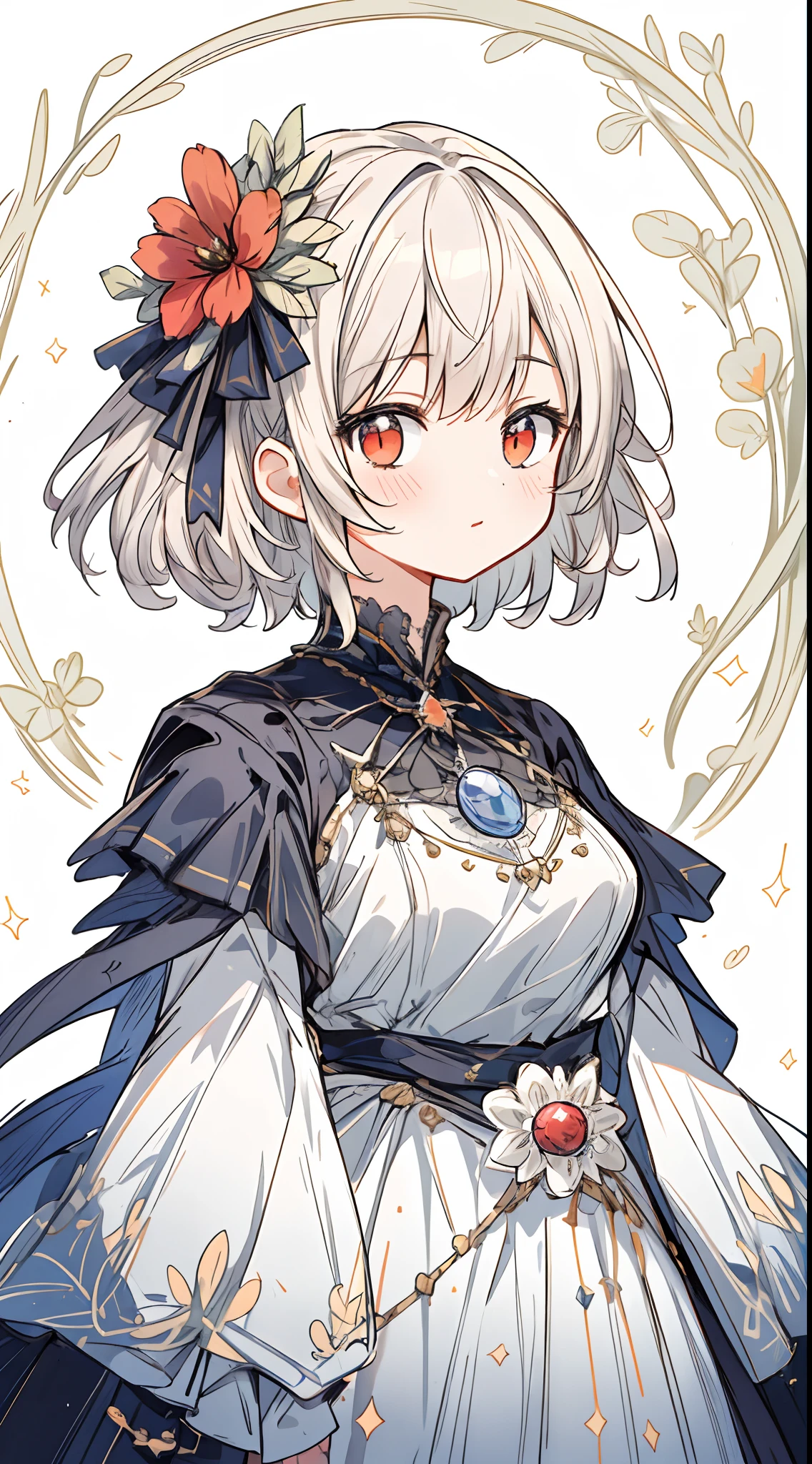 (masterpiece, best quality:1.2), illustration, absurdres, highres, extremely detailed, 1 ite girl, white short hair, red eyes, eye highlights, dress, short puffy sleeves, frills, outdoors, flower, fluttering petals, upper body, (moon:1.2), night, depth of field, (:d:0.8),（black pantyhose）