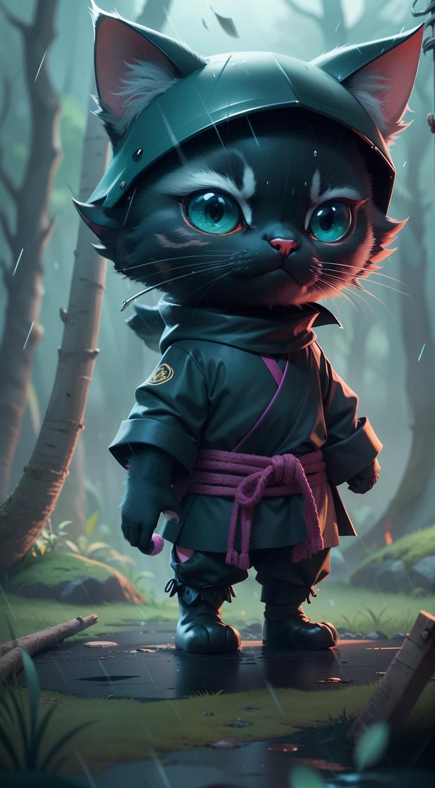 Create a vibrant dark fantasy cute ninja cat in a clean-lined minimalistic cartoon style, in the background a beautiful forest, rain, octane render, 8k