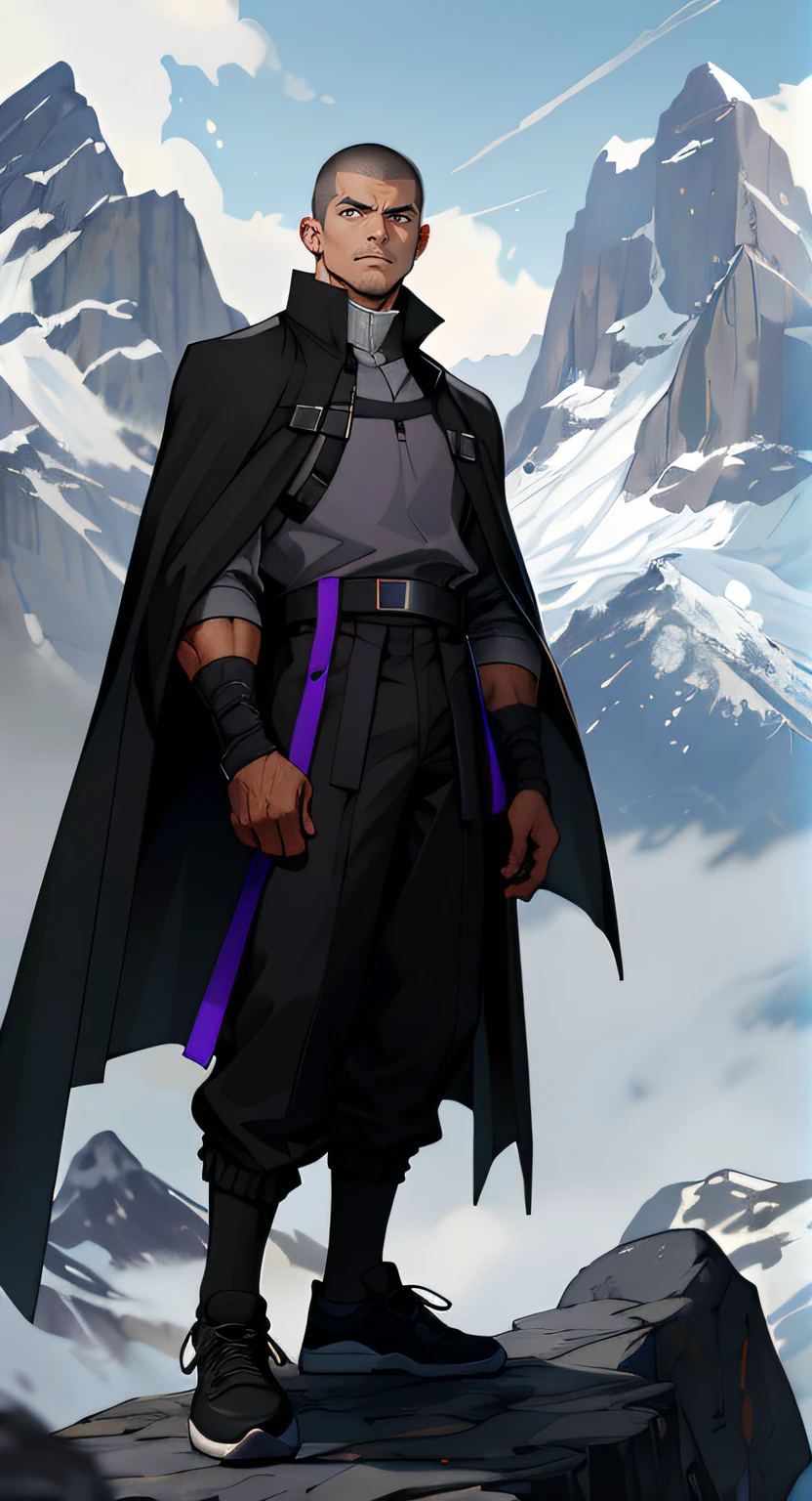 A young male,Strong,Thief costume,brown buzzcut_cut,With gray eyes,grey shirt,Black pantsuit,(Short black socks:1.8),Purple sneakers,a black cloak,Lots of mountains,medieval clothing
