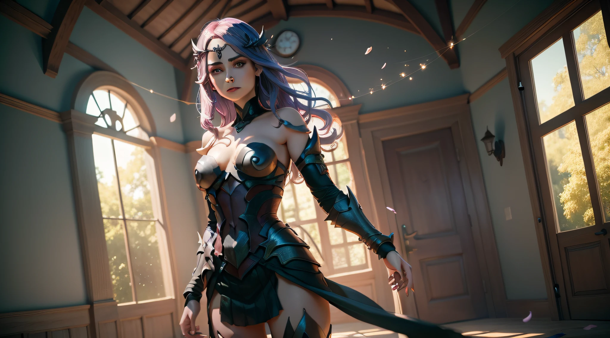 A female succubus (peitos pequenos, cabelos azul-escuros), obra-prima, melhor qualidade, (papel de parede CG unity 8k extremamente detalhado), (melhor qualidade), (best illustration), (melhor sombra), absurdos, lifelike lighting, (Abyss), lindo brilho detalhado, pose natural, de corpo inteiro, standingn, petals falling, interior, fanning, lanterna, 16K, HDR, highres, campo de profundidade, (grain of film: 1.1), boken, hora dourada, (lens flare), vinheta, rainbowart, (color classification: 1.5)