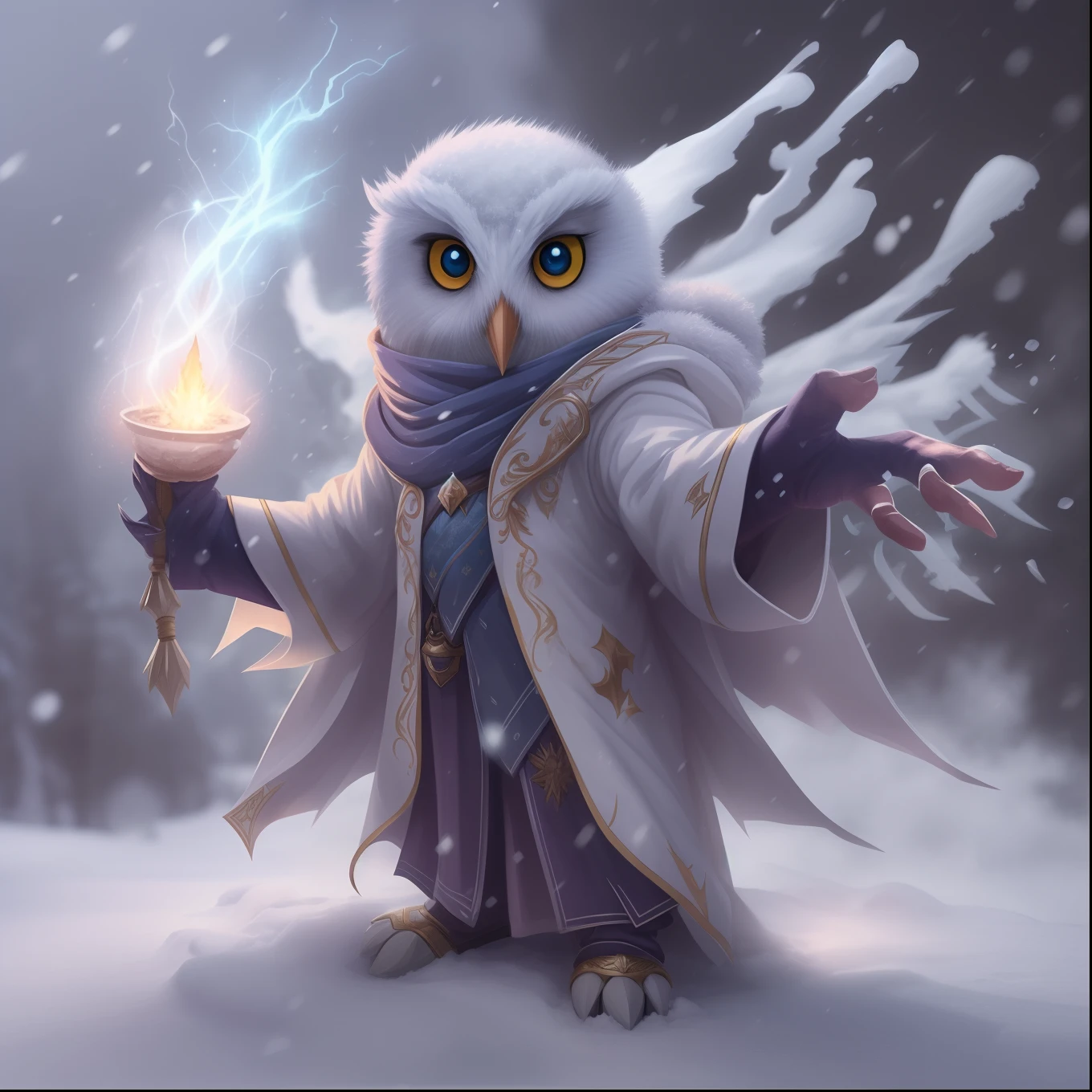 small snow owlman wearing wizard robes, casting eldritch blast