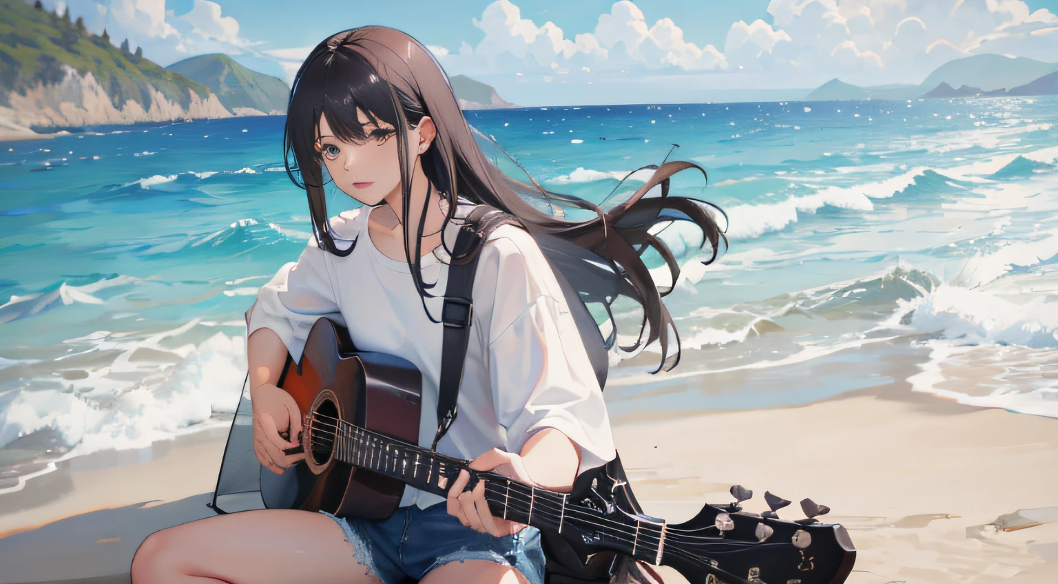 Dark hair The long-haired Gray eyes white shirt Have a blue guitar beach