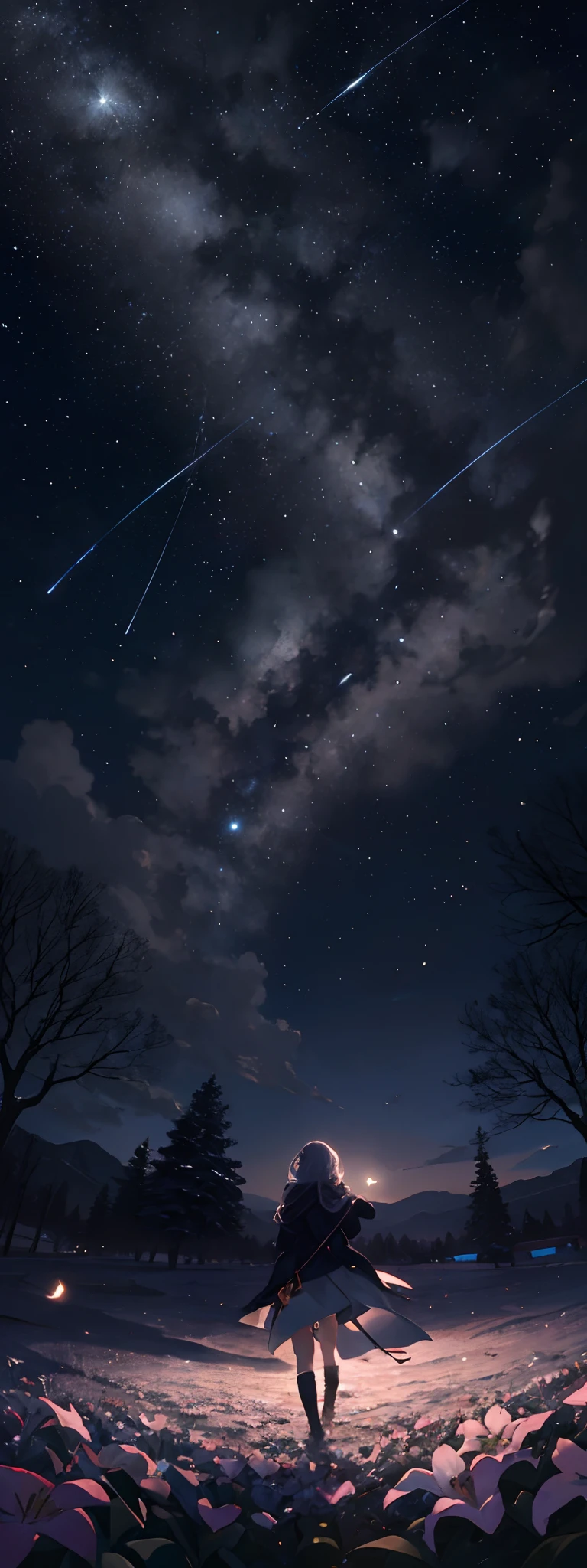 A imagem mostra uma vista de baixo, capturing the sky above and an open field below, Creating a sense of space and freedom.
- No centro da cena, There's a girl standing in a field of flowers, com os olhos fixos para cima.
- The full moon is shining brightly in the sky, com um brilho de 1.2, Adding a magical touch to the scene.
- The sky is dotted with shooting stars, com um fator de 0.9, providing an element of wonder and mystery.
- A nebula gracing the background of the sky, with a rating of 1.3, adds a sense of depth and cosmic wonder.
- Ao longe, uma majestosa montanha pode ser vista, adding dimension and a sense of scale to the landscape.
- Next to the Girl, there's a broken tree, adding a dash of melancholy and mystery to the scene.
- Illumination is provided by a hot light source, com um fator de 1.2, that gives a feeling of comfort and warmth to the image.
- Small fireflies are glowing around the scene, with the same rating of 1.2, creating a magical and enchanting atmosphere.
- A light fixture is seen hanging somewhere in the image, emitindo uma luz suave e difusa.
- The color palette is dominated by shades of purple and orange, creating a vivid and engaging contrast.
- Image details are complex and ultra-detailed, with a resolution of 4k, permitindo que cada elemento seja apreciado em sua plenitude.
- Image composition is dynamic, com um fator de 1.4, creating a sense of movement and fluidity.
- Colors are highly detailed and have an iridescent touch, com um fator de 1.2, adicionando uma qualidade vibrante e cativante aos detalhes.
- The lighting is bright and atmospheric, creating a sense of dream and magic.
- The image soil has a rating of 1.2, com uma textura detalhada e realista, Adding a sense of anchorage to the scene.