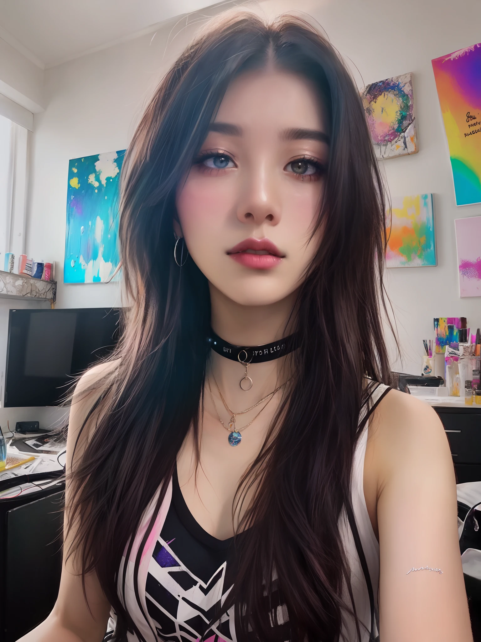 1girl, isometric, shukezouma, octane render, hdr, (hyperdetailed:1.15), (soft light, sharp:1.2), aesthetic, (Argentinian |Cuban |Colombian |Mexican) 20 years old woman, (detailed facial features), gorgeous face, grunge style, standing in her messy bedroom, pale skin, wearing eyeliner, grainy, pastel goth, scene hair, (emo girl), teased hair, wearing bracelets, wearing choker necklace, ((detailed face)), selfie, rainbow painting drops, paint teardrops, girl made up from paint, entirely paint, splat, splash, paint bulb, paint drops, broad light, backlighting, bloom, light sparkles, chromatic aberration, (bubblegum Vaporwave aesthetic)